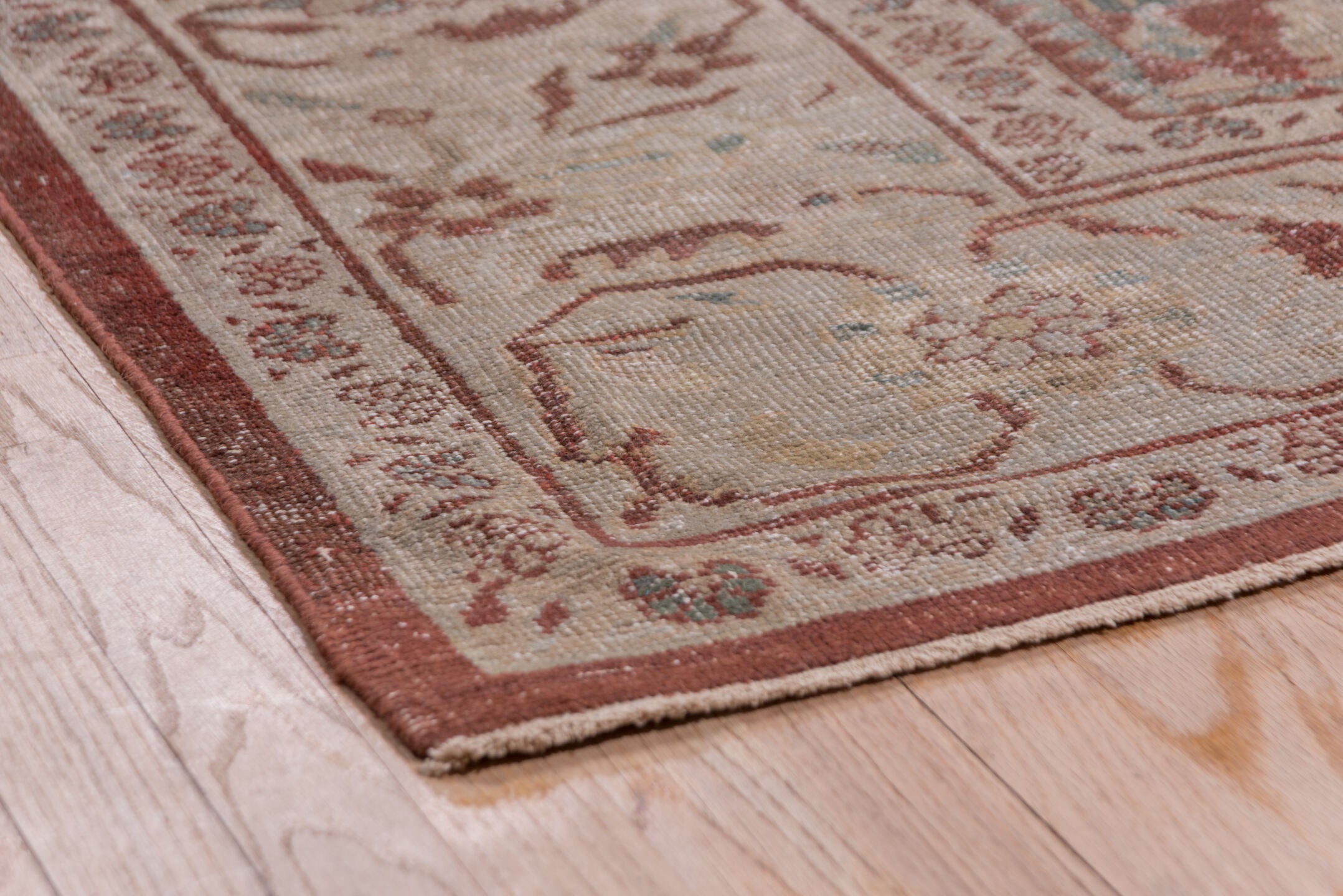 12' x 16' one-of-a-kind handmade vintage Tulu oversize rug. Color palette: terracotta, ivory, rose, taupe, sage, blue gray
