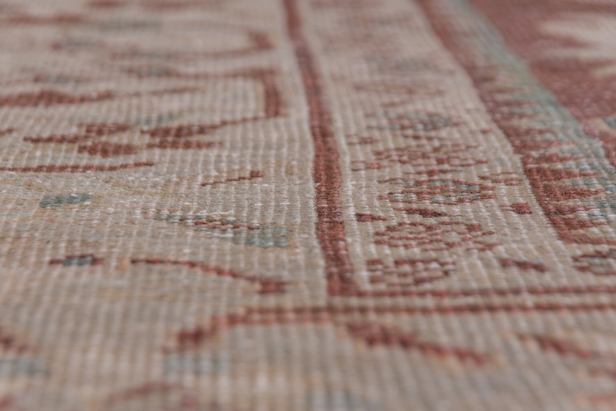 12' x 16' one-of-a-kind handmade vintage Tulu oversize rug. Color palette: terracotta, ivory, rose, taupe, sage, blue gray