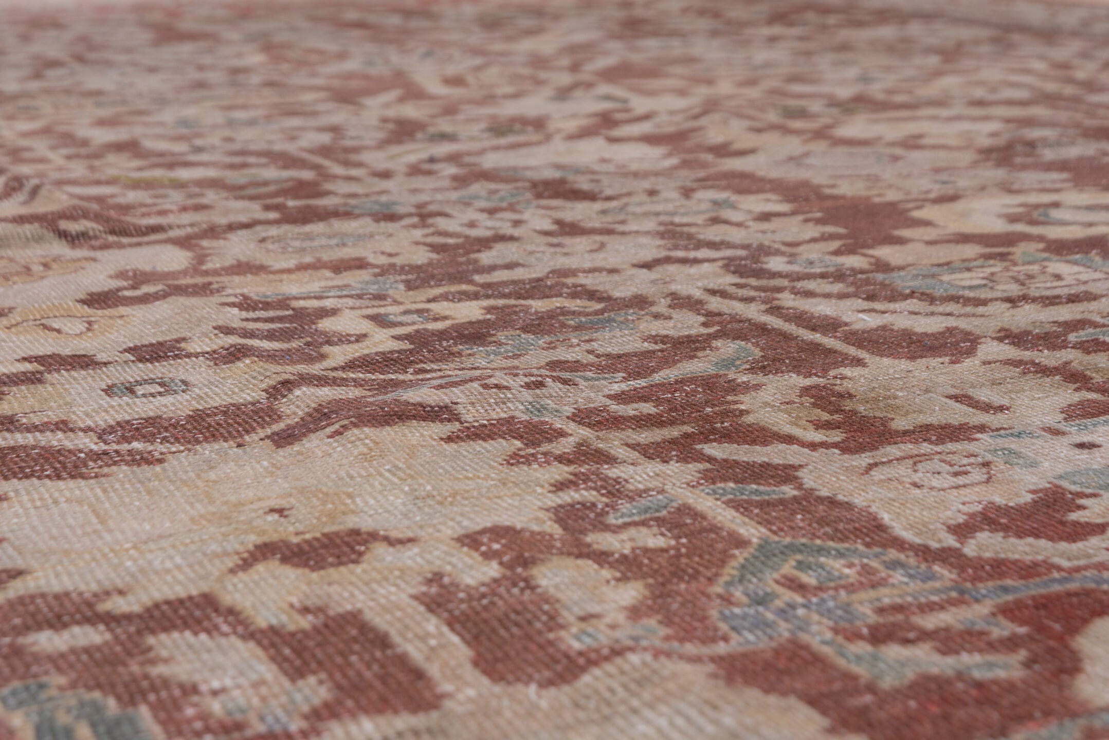 10' x 14' one-of-a-kind handmade vintage Sultanabad large size rug. Color palette: brown, gray, pink, red, redwood