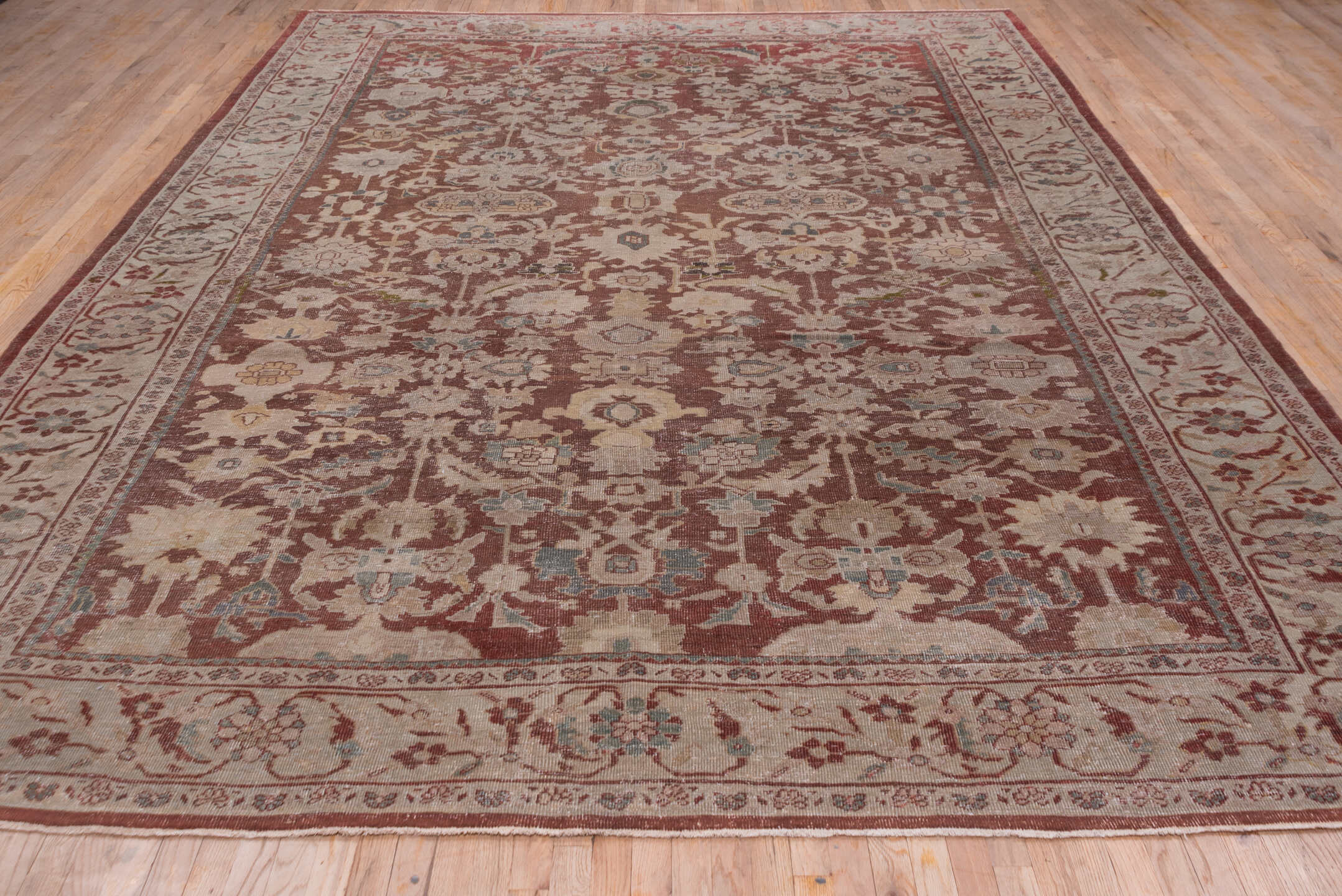 12' x 16' one-of-a-kind handmade vintage Tulu oversize rug. Color palette: terracotta, ivory, rose, taupe, sage, blue gray