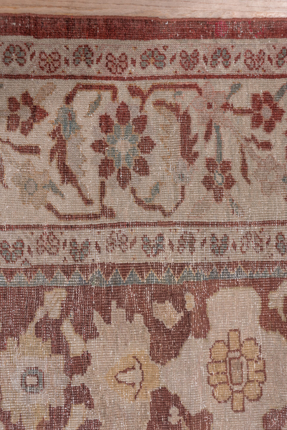 12' x 16' one-of-a-kind handmade vintage Tulu oversize rug. Color palette: terracotta, ivory, rose, taupe, sage, blue gray