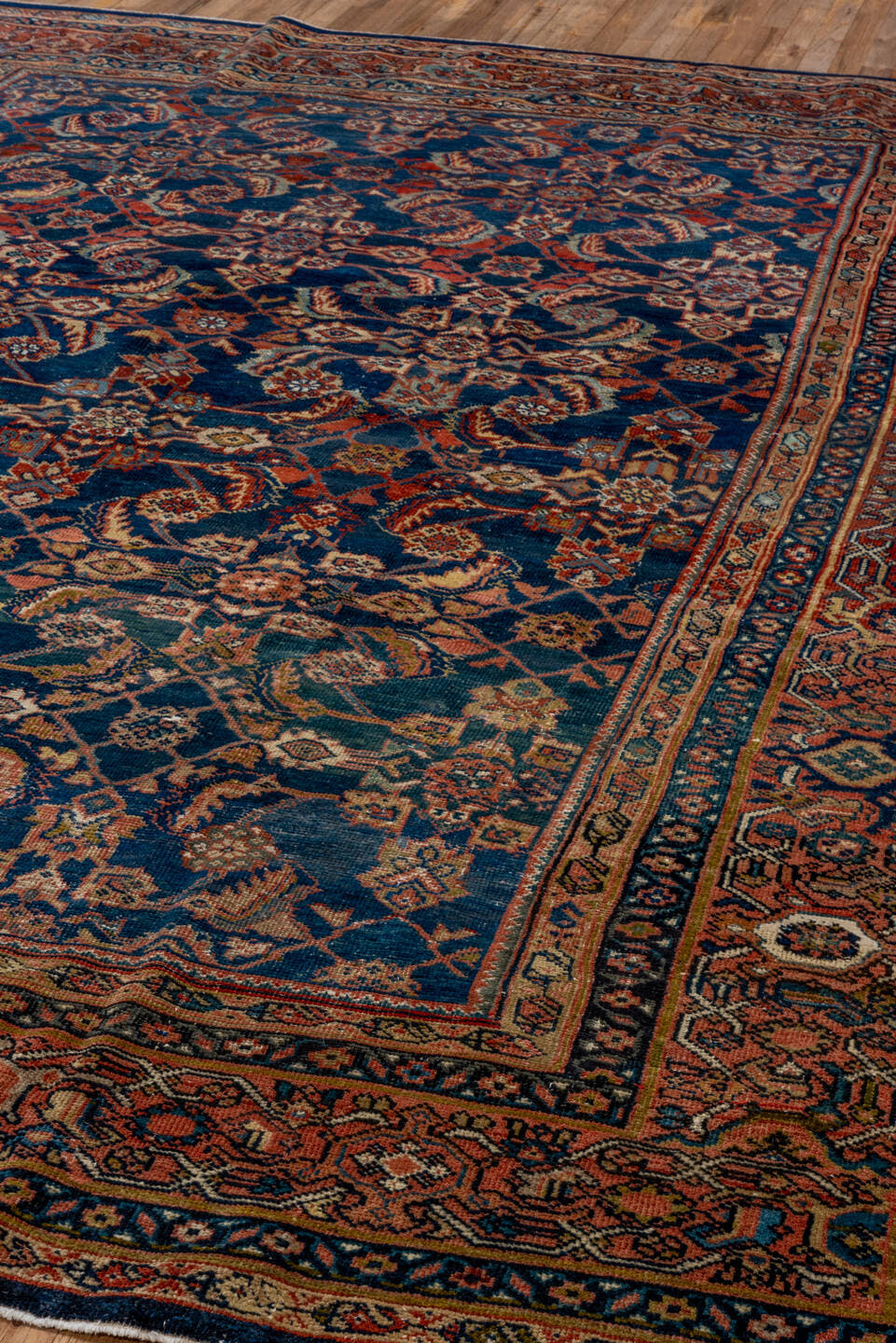 14' x 17' one-of-a-kind handmade vintage Tulu oversize rug. Color palette: navy, terracotta, ivory, rust, camel, slate