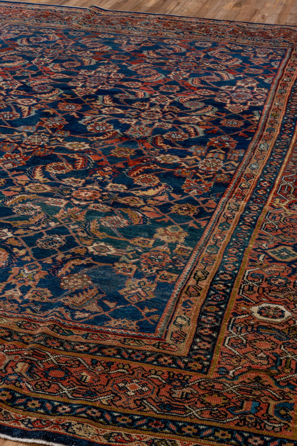 14' x 17' one-of-a-kind handmade vintage Tulu oversize rug. Color palette: navy, terracotta, ivory, rust, camel, slate
