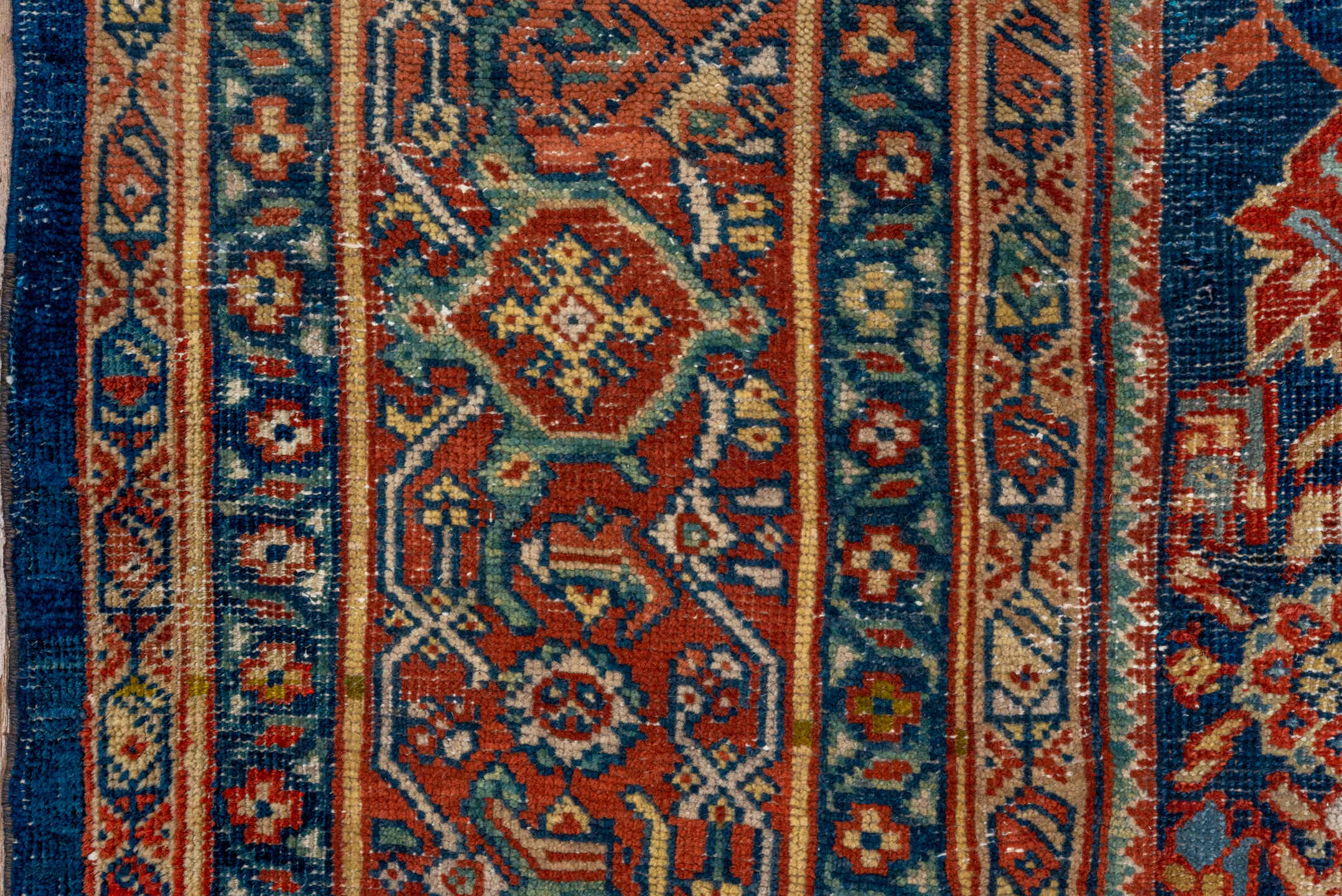 14' x 17' one-of-a-kind handmade vintage Tulu oversize rug. Color palette: navy, terracotta, ivory, rust, camel, slate