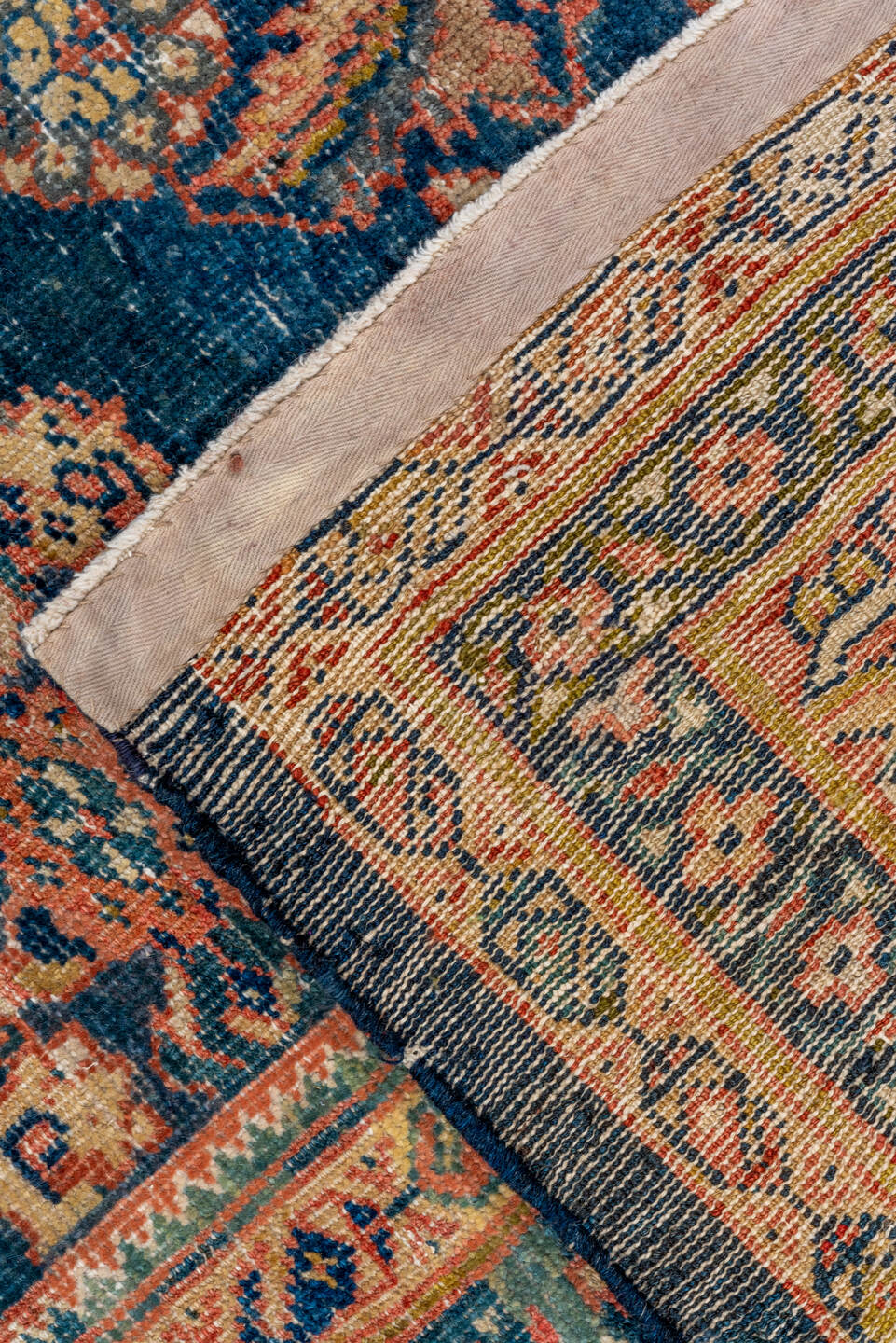14' x 17' one-of-a-kind handmade vintage Tulu oversize rug. Color palette: navy, terracotta, ivory, rust, camel, slate