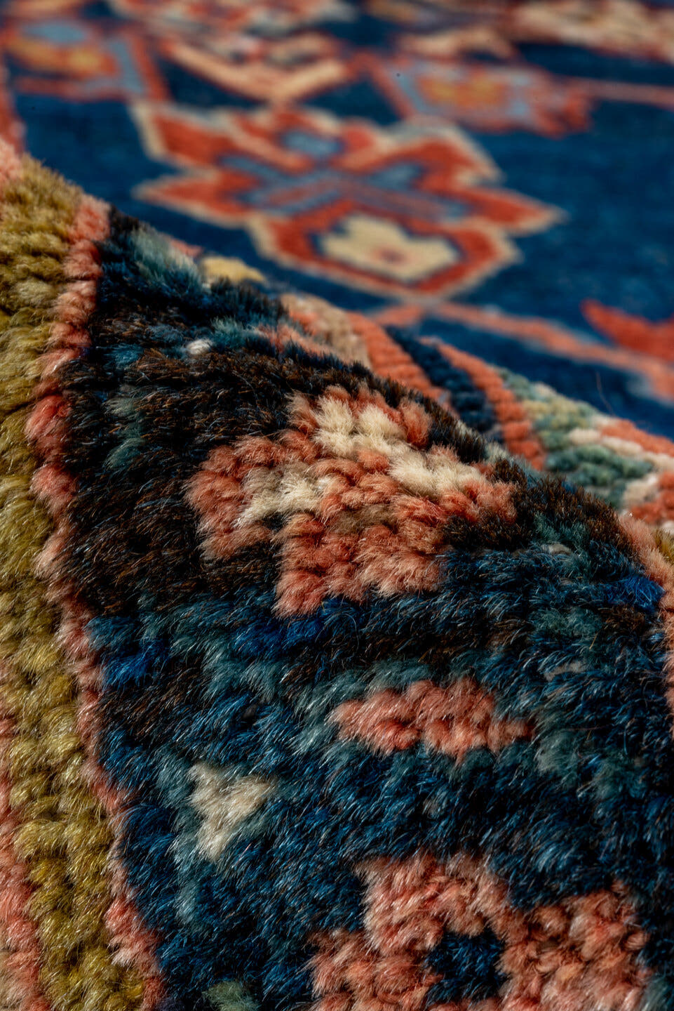 14' x 17' one-of-a-kind handmade vintage Tulu oversize rug. Color palette: navy, terracotta, ivory, rust, camel, slate