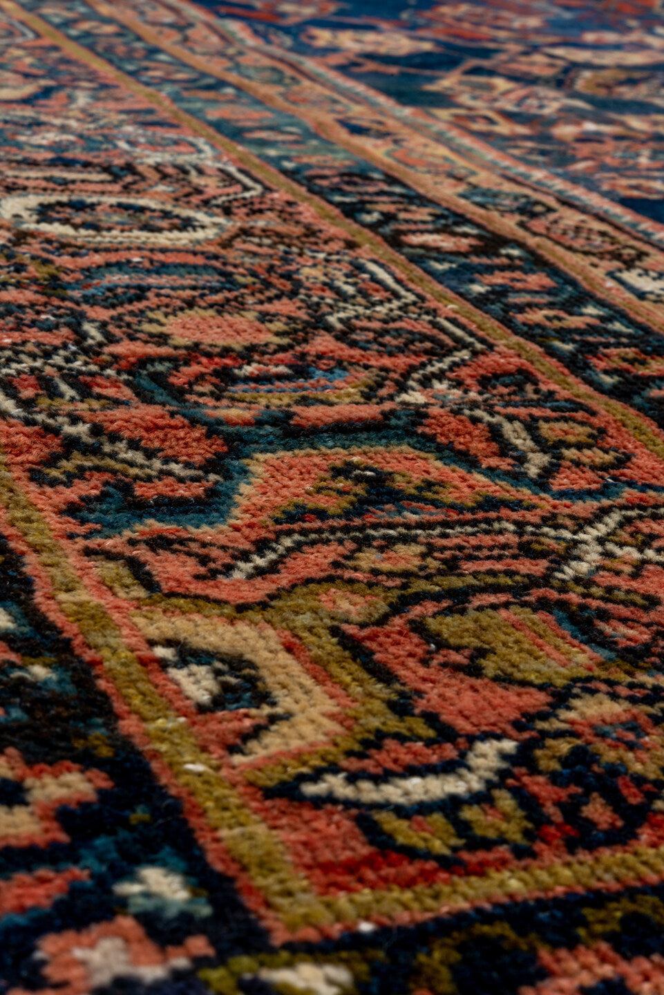 14' x 17' one-of-a-kind handmade vintage Tulu oversize rug. Color palette: navy, terracotta, ivory, rust, camel, slate