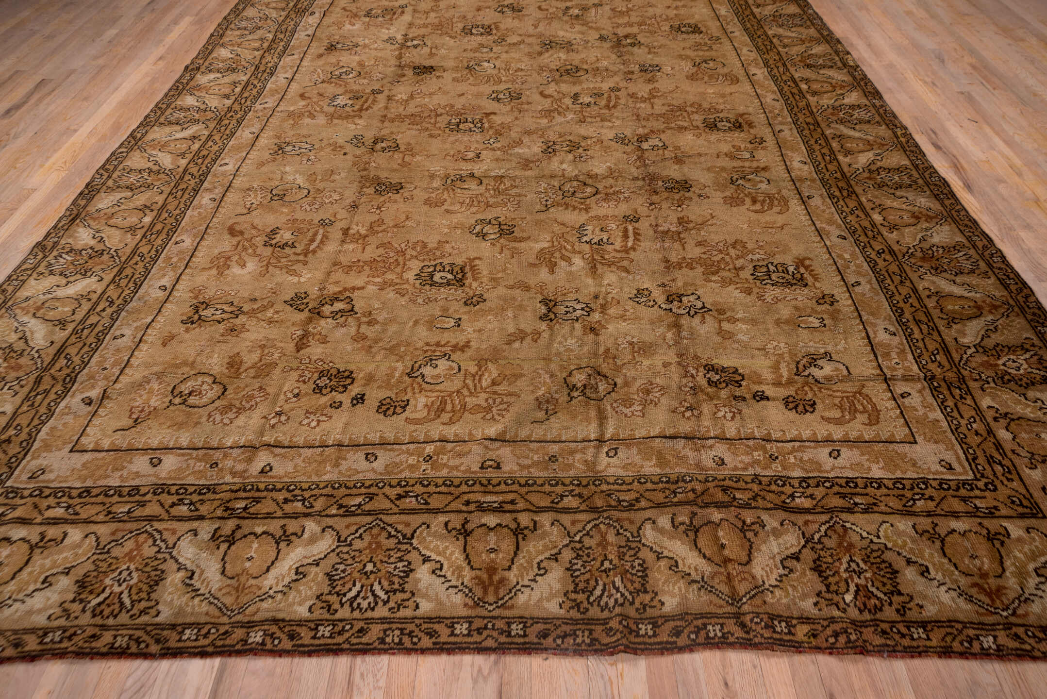 4' x 12' one-of-a-kind handmade vintage Tulu runner rug. Color palette: camel, taupe, ivory, sienna, brown, sand, beige