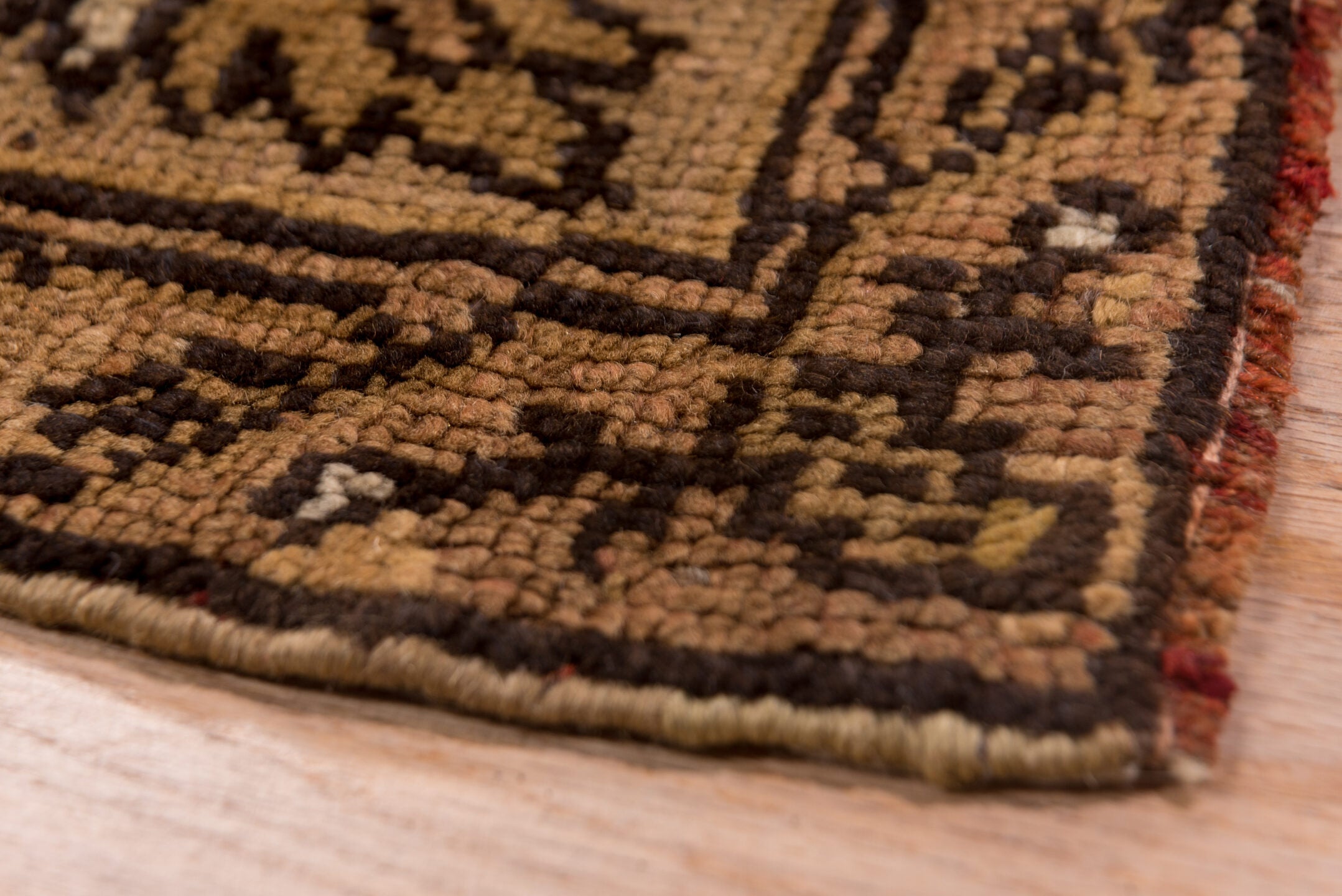 4' x 12' one-of-a-kind handmade vintage Tulu runner rug. Color palette: camel, taupe, ivory, sienna, brown, sand, beige