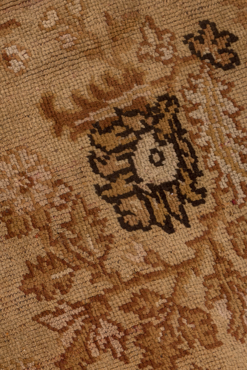 4' x 12' one-of-a-kind handmade vintage Tulu runner rug. Color palette: camel, taupe, ivory, sienna, brown, sand, beige