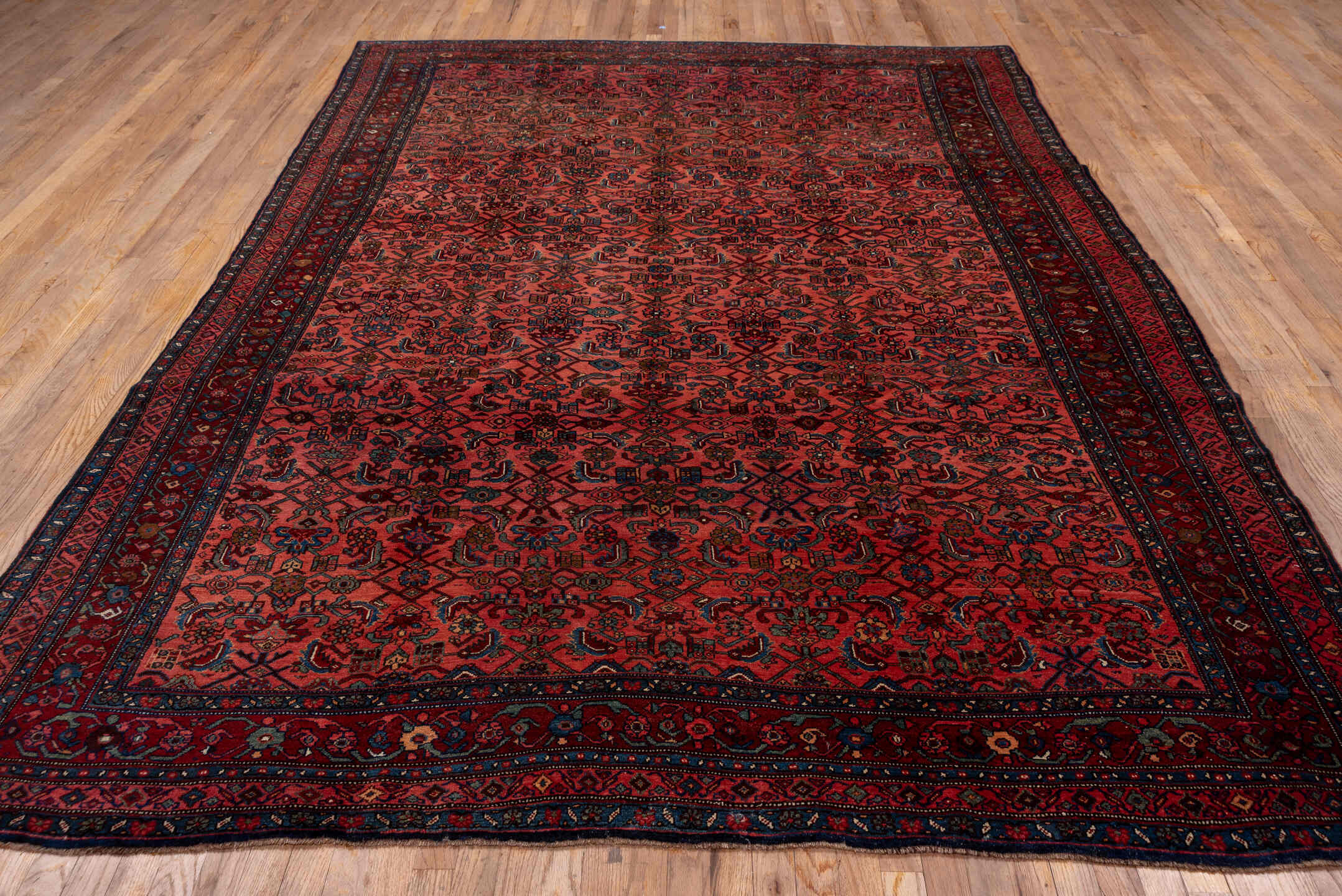 13' x 17' one-of-a-kind handmade vintage Oushak oversize rug. Color palette: terracotta, navy, rust, burgundy, ivory, slate