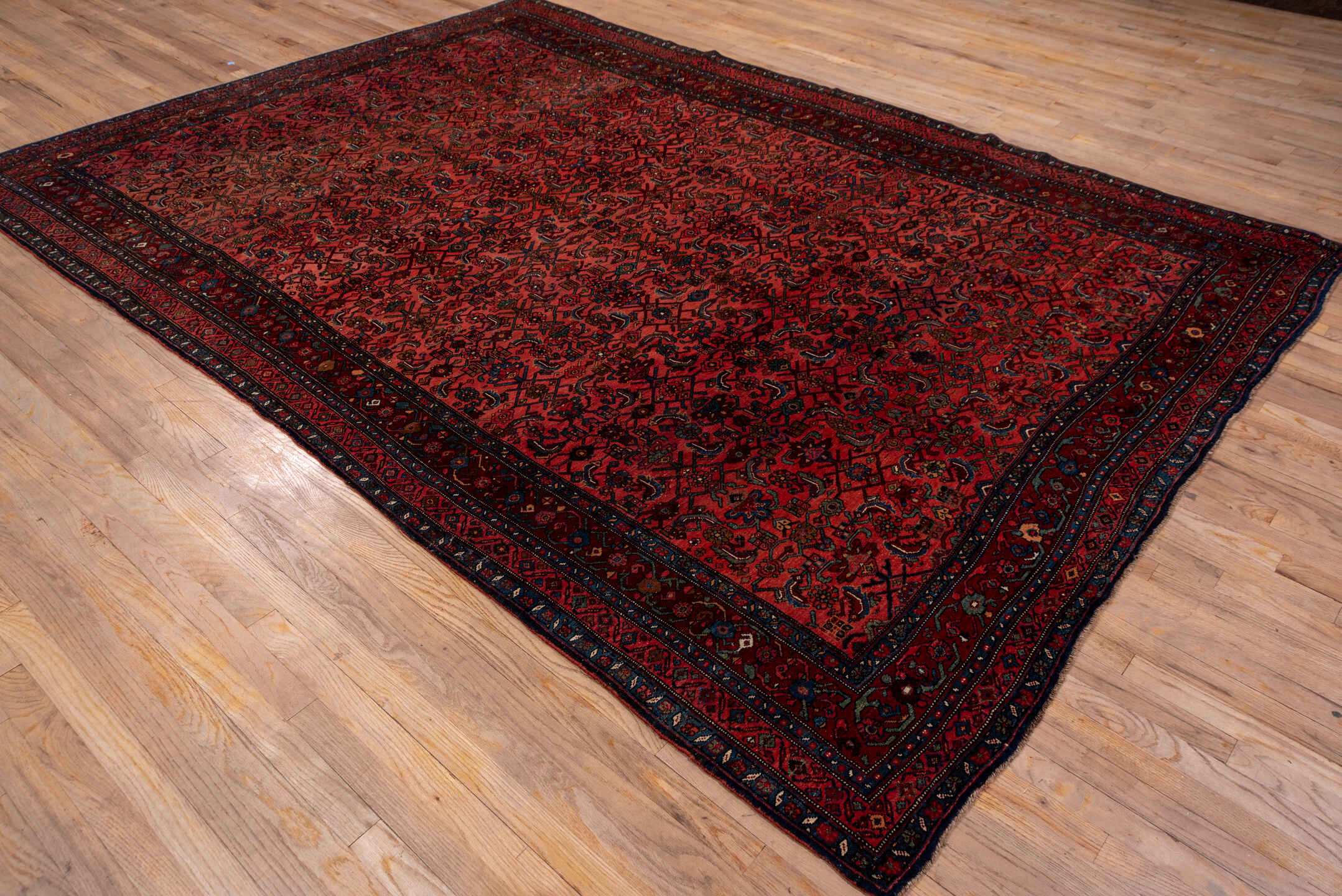 13' x 17' one-of-a-kind handmade vintage Oushak oversize rug. Color palette: terracotta, navy, rust, burgundy, ivory, slate