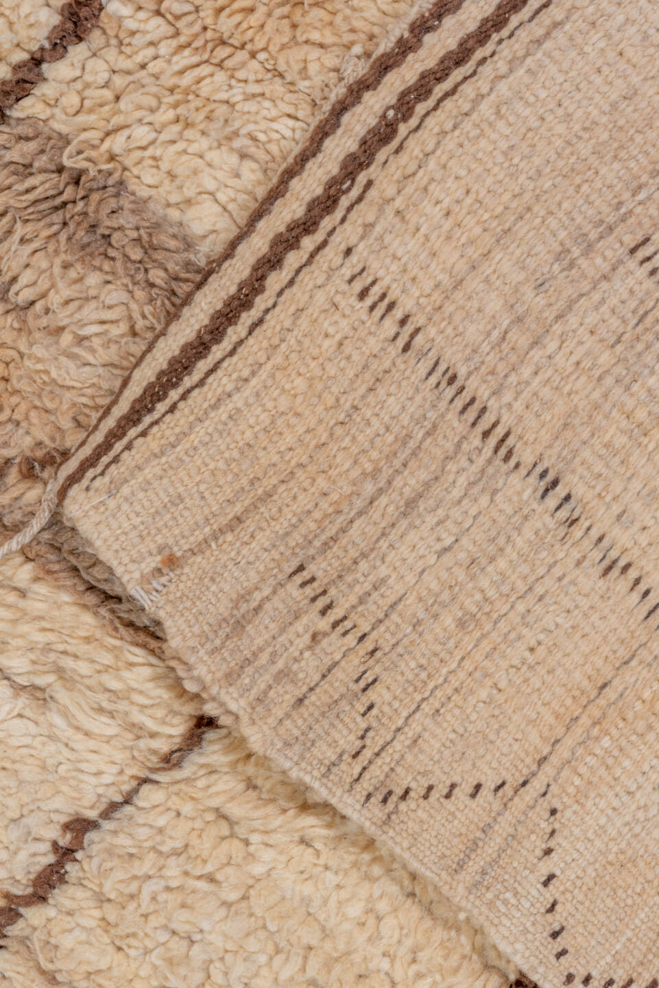 4' x 10' one-of-a-kind handmade vintage Moroccan runner rug. Color palette: ivory, cream, taupe, brown, beige, gray