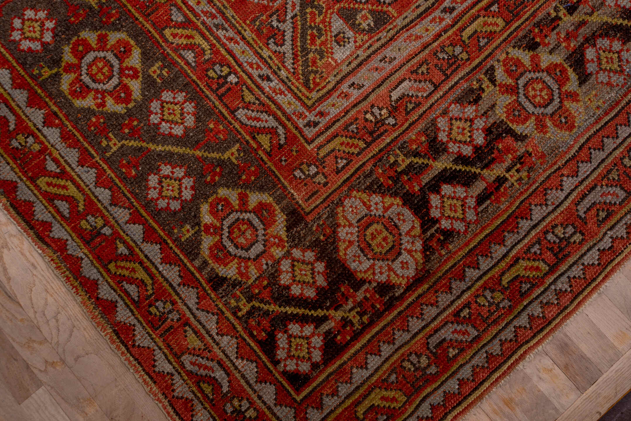 12' x 13' one-of-a-kind handmade vintage Oushak oversize rug. Color palette: brown, gray, pink, red