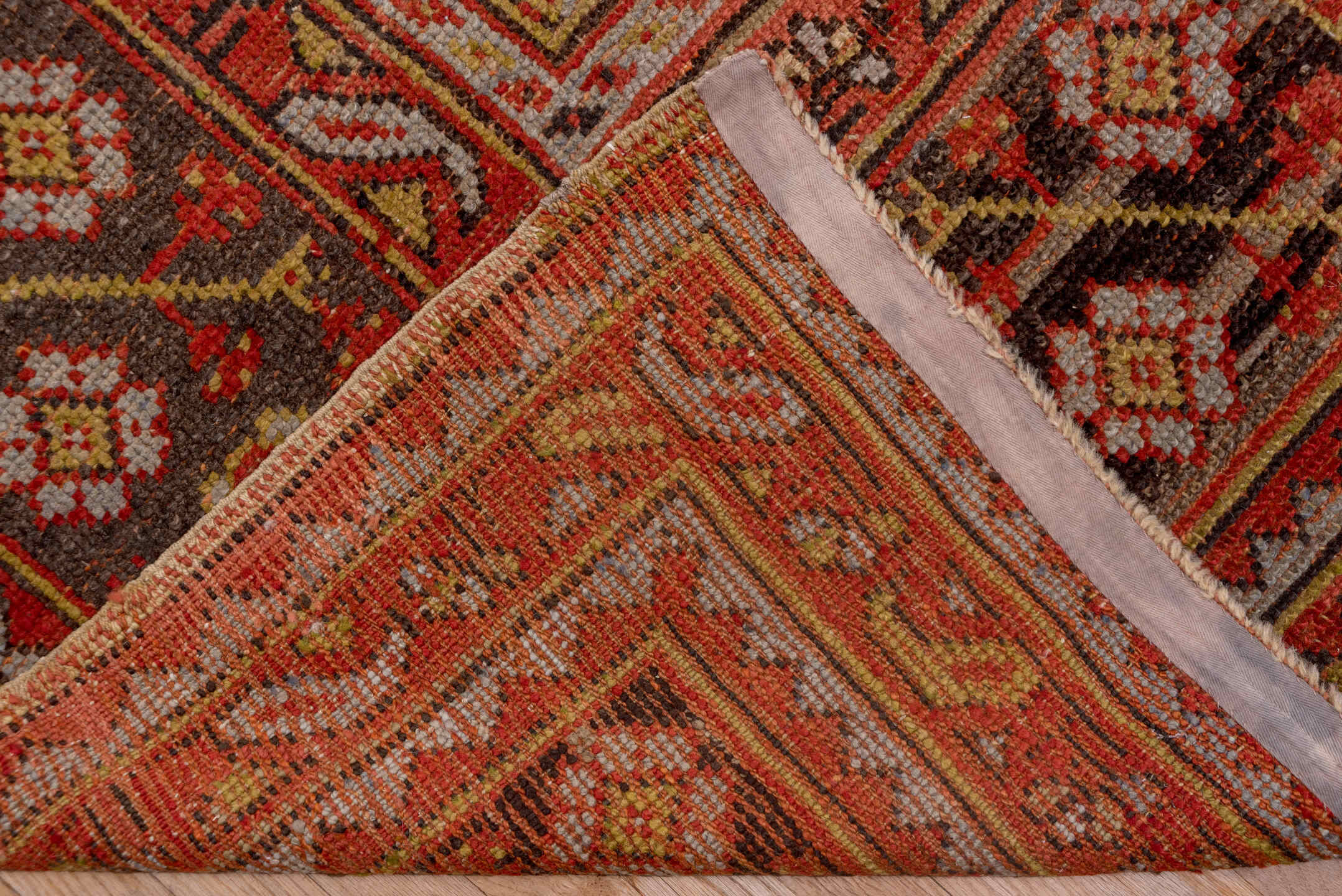 12' x 13' one-of-a-kind handmade vintage Oushak oversize rug. Color palette: brown, gray, pink, red