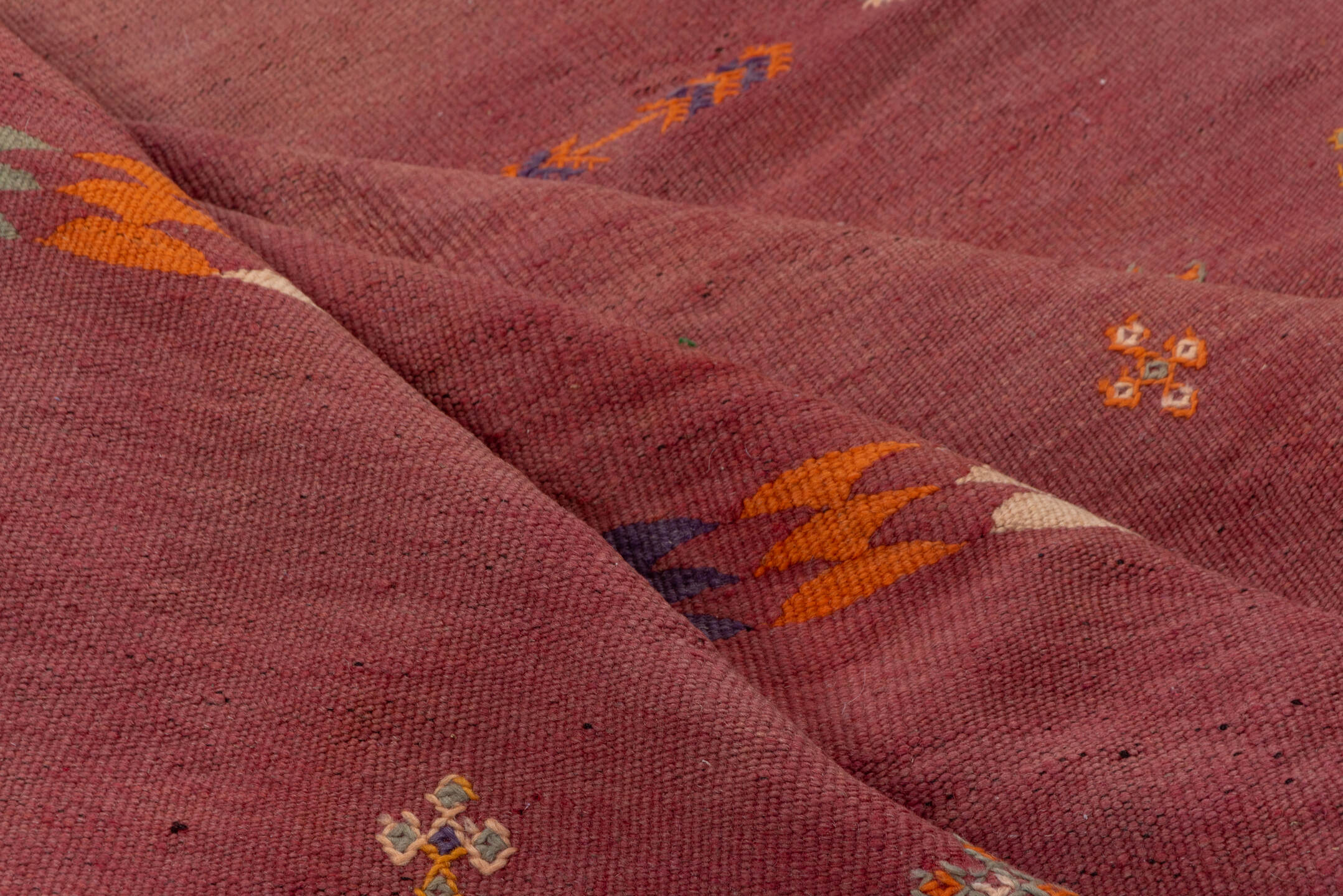 5' x 12' one-of-a-kind handmade vintage Kilim rug. Color palette: brown, gray, light gray, orange, pink, red