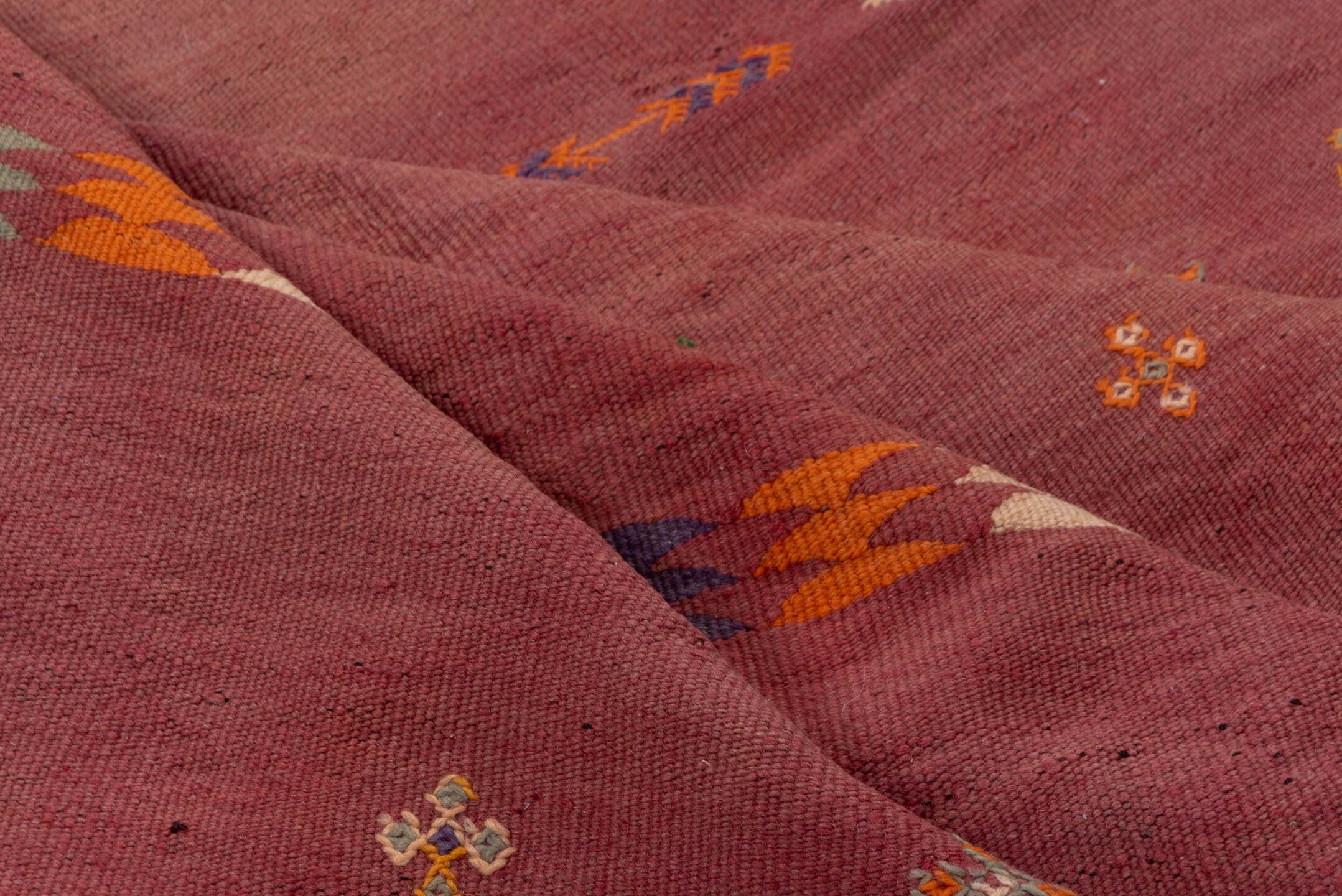 5' x 12' one-of-a-kind handmade vintage Kilim rug. Color palette: rose, dusty pink, ivory, orange, slate, gold, charcoal