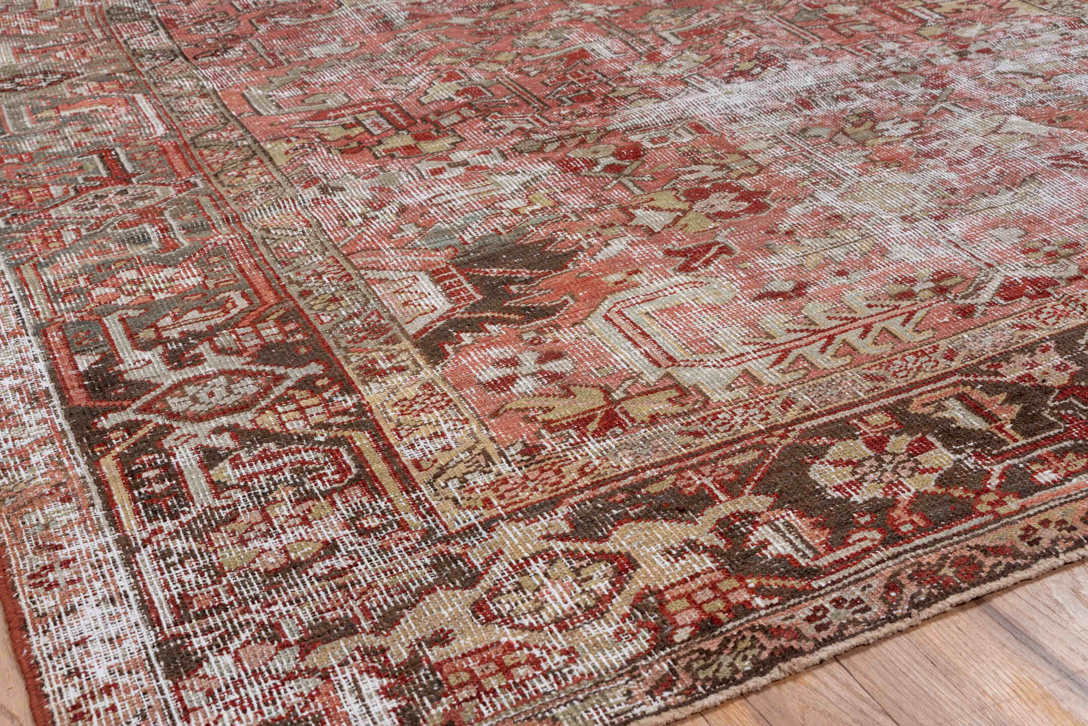 13' x 15' one-of-a-kind handmade vintage Kilim oversize rug. Color palette: terracotta, rose, olive, ivory, charcoal, taupe