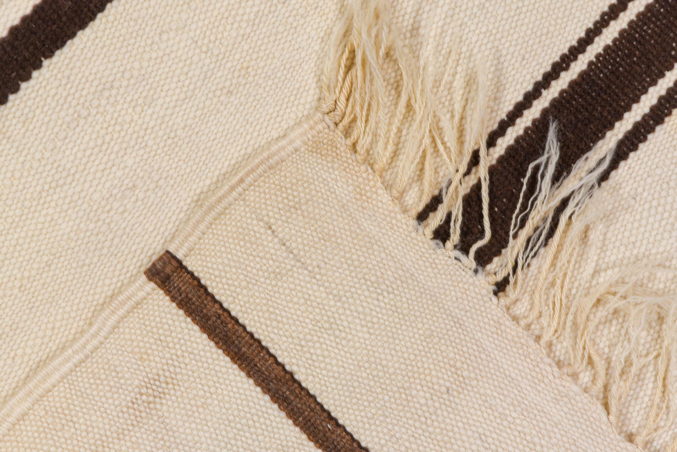 5' x 10' one-of-a-kind handmade vintage Blanket medium size rug. Color palette: ivory, brown, cream, taupe, beige, gray