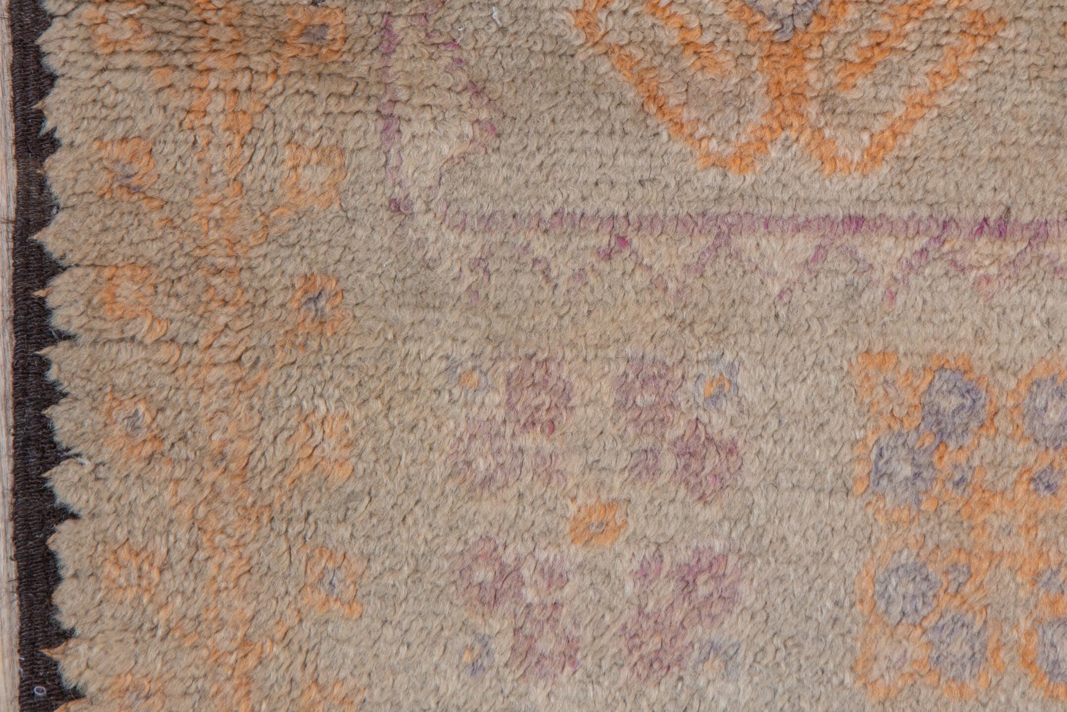 3' x 5' one-of-a-kind handmade vintage Moroccan small size rug. Color palette: ivory, saffron, taupe, rose, lavender, brown