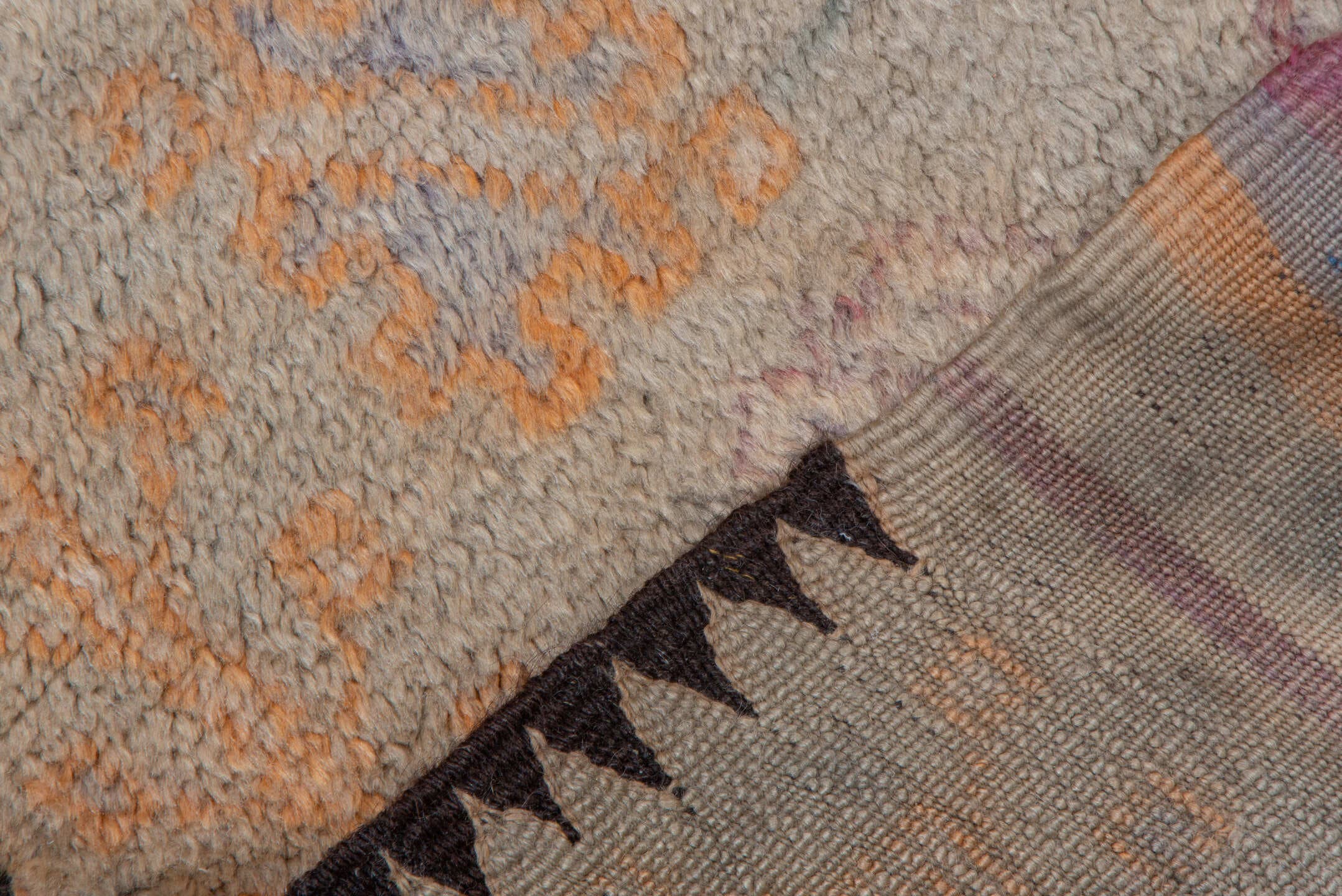 3' x 5' one-of-a-kind handmade vintage Moroccan small size rug. Color palette: ivory, saffron, taupe, rose, lavender, brown