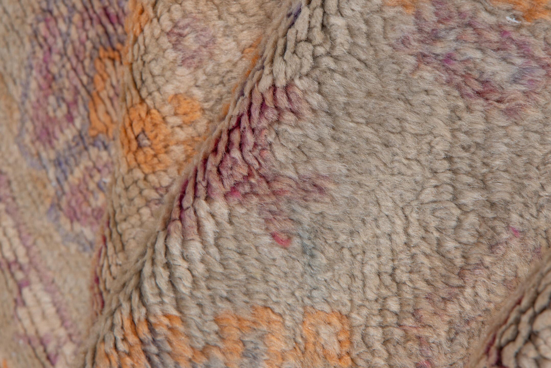 3' x 5' one-of-a-kind handmade vintage Moroccan small size rug. Color palette: ivory, saffron, taupe, rose, lavender, brown