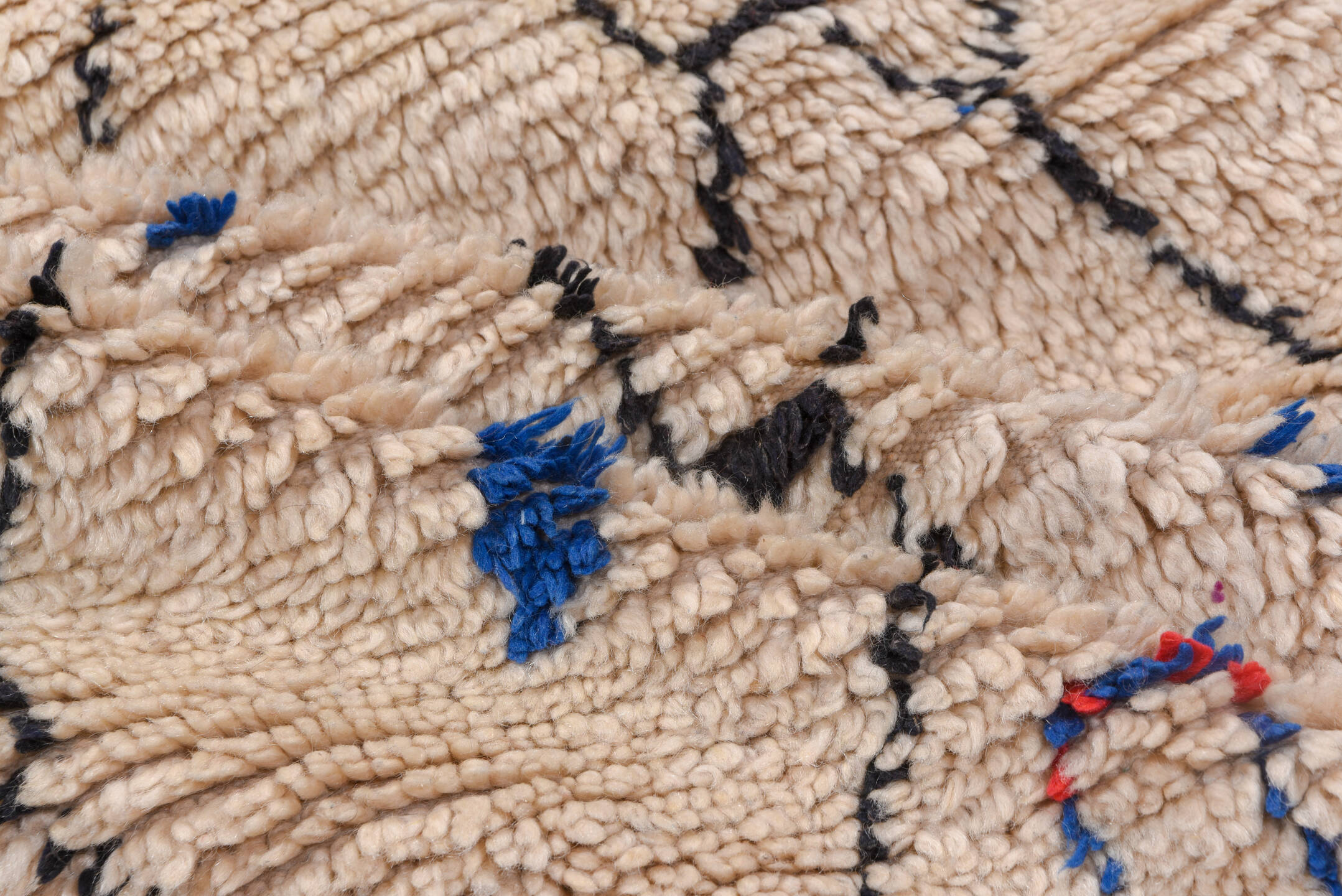 4' x 9' one-of-a-kind handmade vintage Moroccan runner rug. Color palette: ivory, charcoal, cobalt, crimson, gray, black