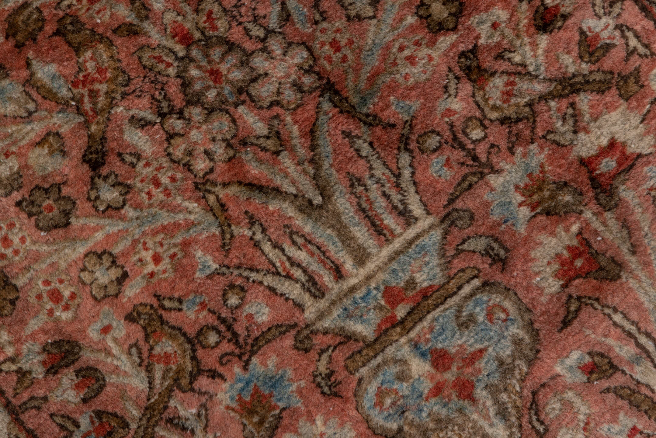 2' x 6' one-of-a-kind handmade antique Kashan runner rug. Color palette: rose, ivory, rust, brown, sky_blue, taupe, charcoal