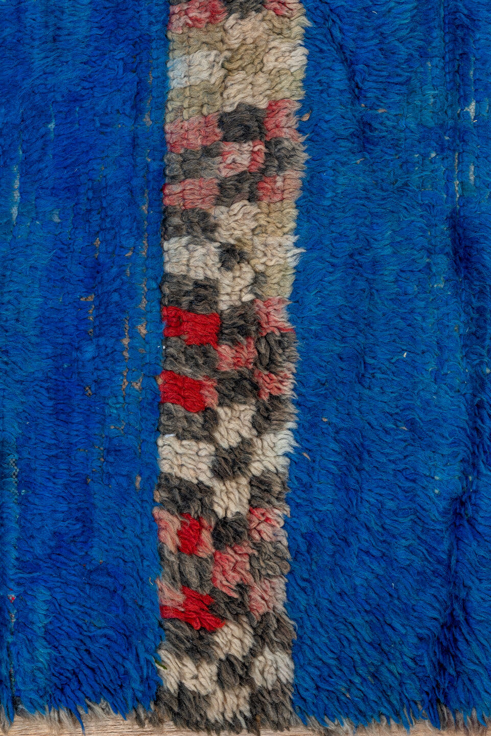 4' x 6' one-of-a-kind handmade vintage Moroccan small size rug. Color palette: cobalt, ivory, blush, charcoal, red, cream