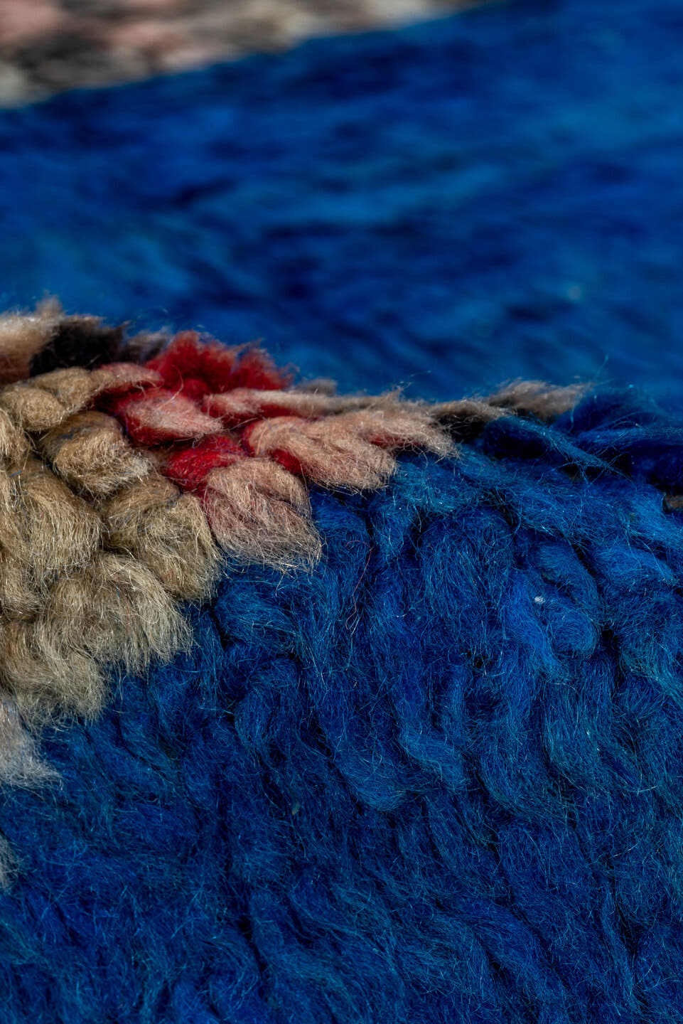 4' x 6' one-of-a-kind handmade vintage Moroccan small size rug. Color palette: cobalt, ivory, blush, charcoal, red, cream