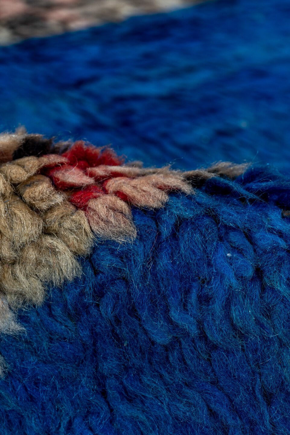 4' x 6' one-of-a-kind handmade vintage Moroccan small size rug. Color palette: cobalt, ivory, blush, charcoal, red, cream