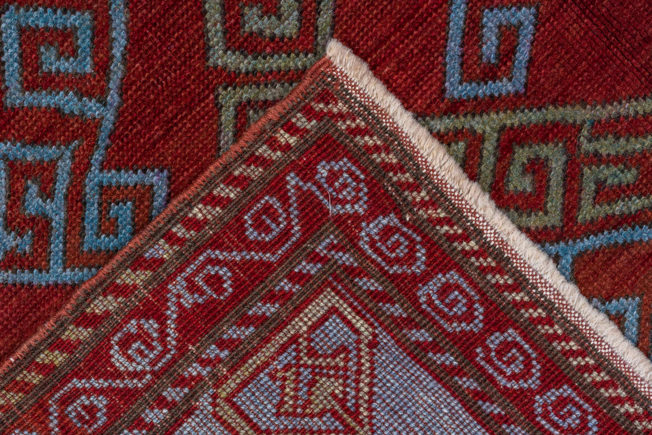 4' x 6' one-of-a-kind handmade vintage Caucasian small size rug. Color palette: red, ivory, sky blue, rust, burgundy, camel