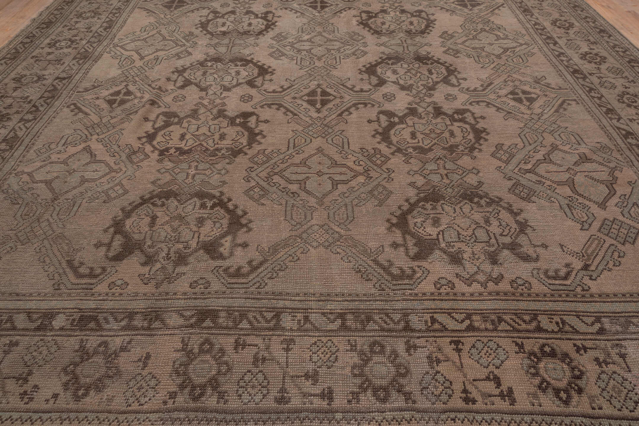 12' x 26' one-of-a-kind handmade antique Oushak oversize rug. Color palette: taupe, brown, camel, charcoal, beige, gray