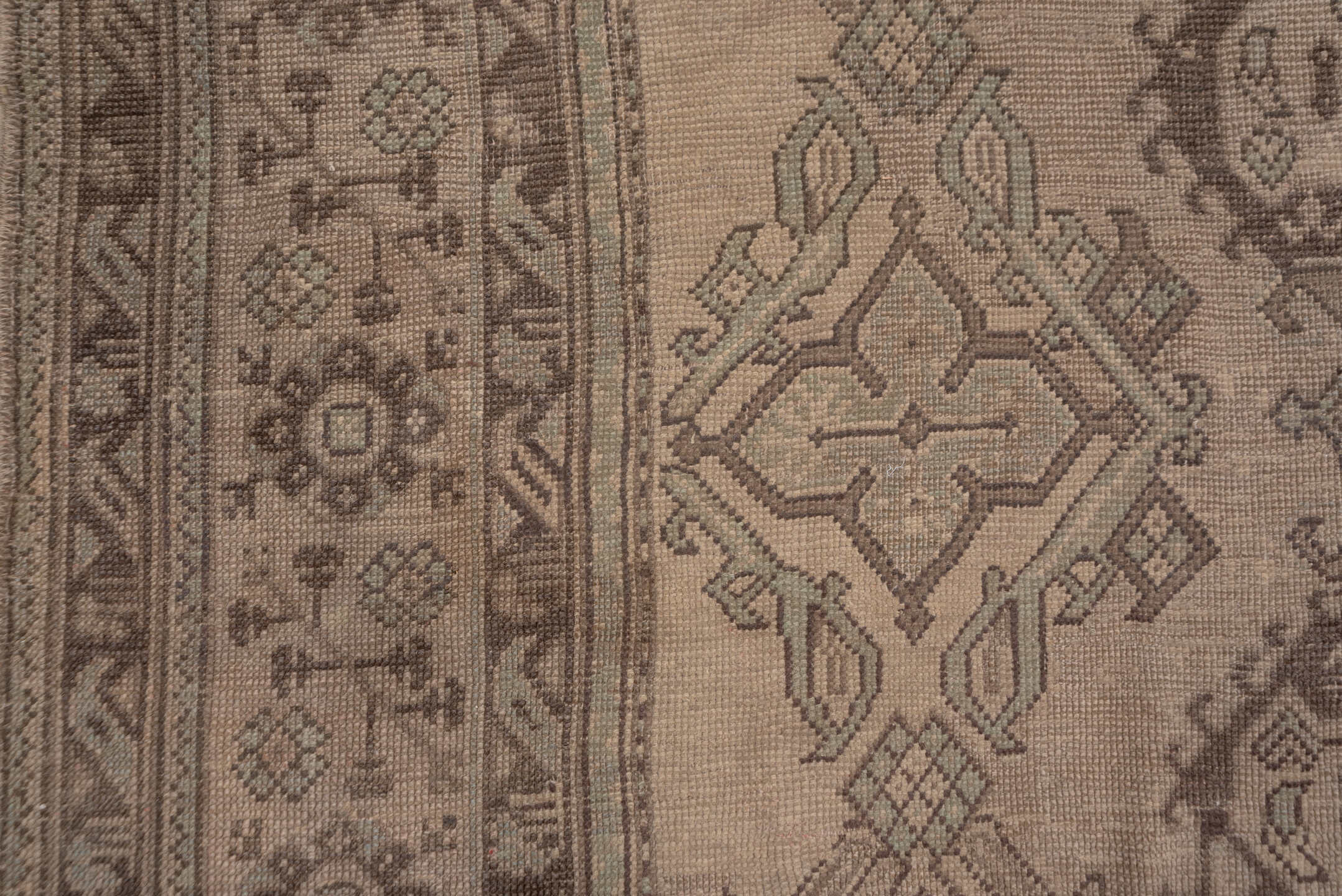 12' x 26' one-of-a-kind handmade antique Oushak oversize rug. Color palette: taupe, brown, camel, charcoal, beige, gray
