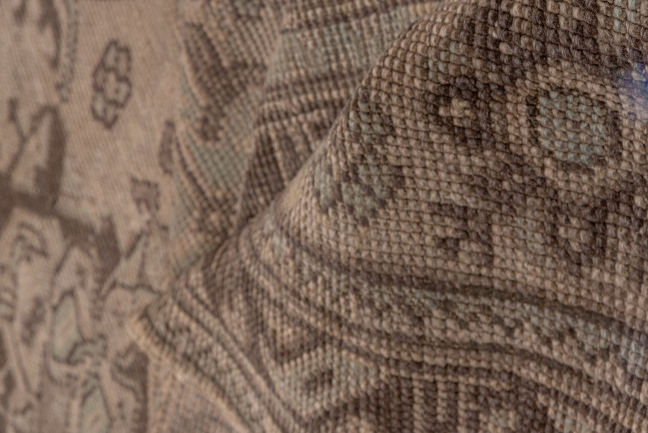 12' x 26' one-of-a-kind handmade antique Oushak oversize rug. Color palette: taupe, brown, camel, charcoal, beige, gray