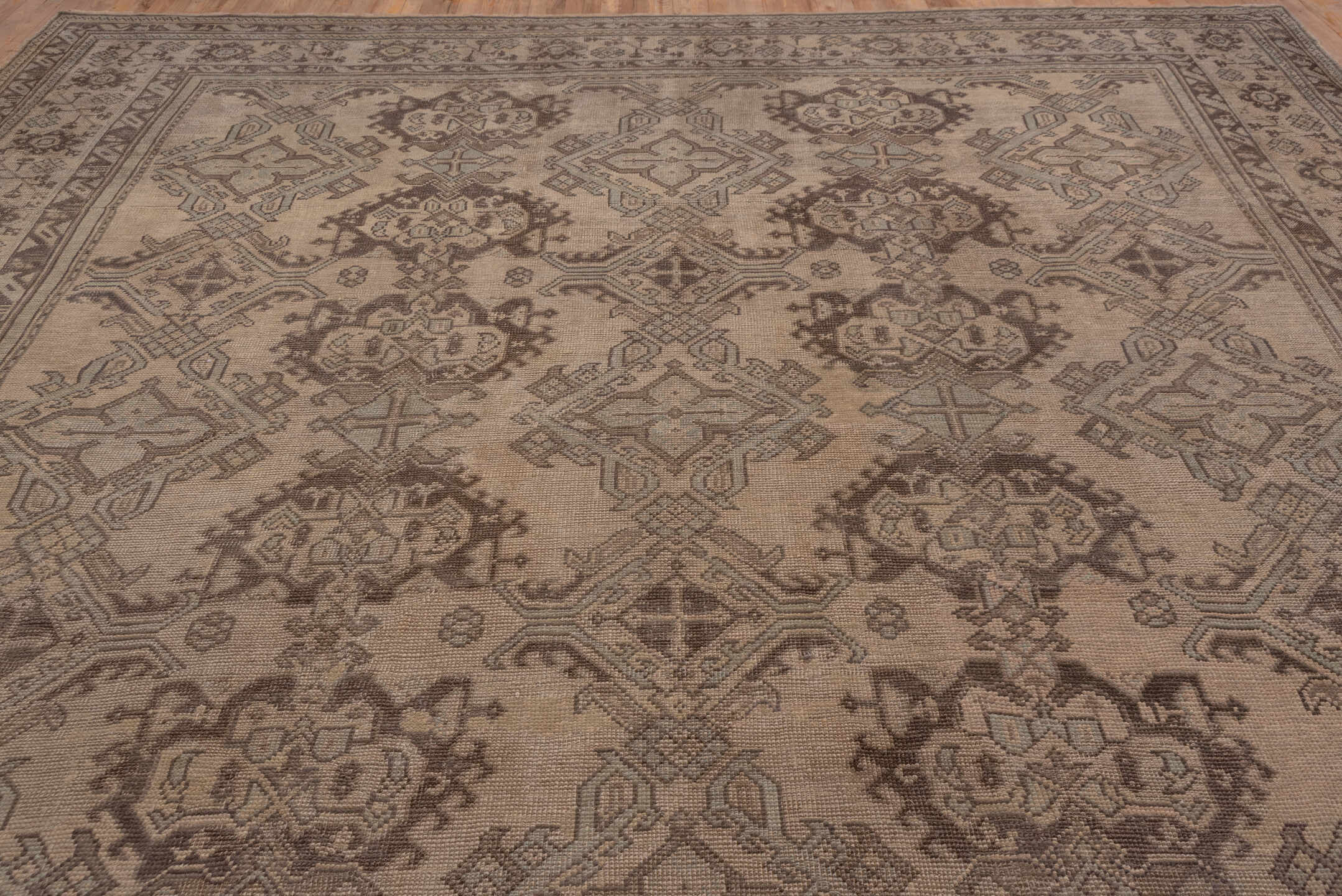 12' x 26' one-of-a-kind handmade antique Oushak oversize rug. Color palette: taupe, brown, camel, charcoal, beige, gray