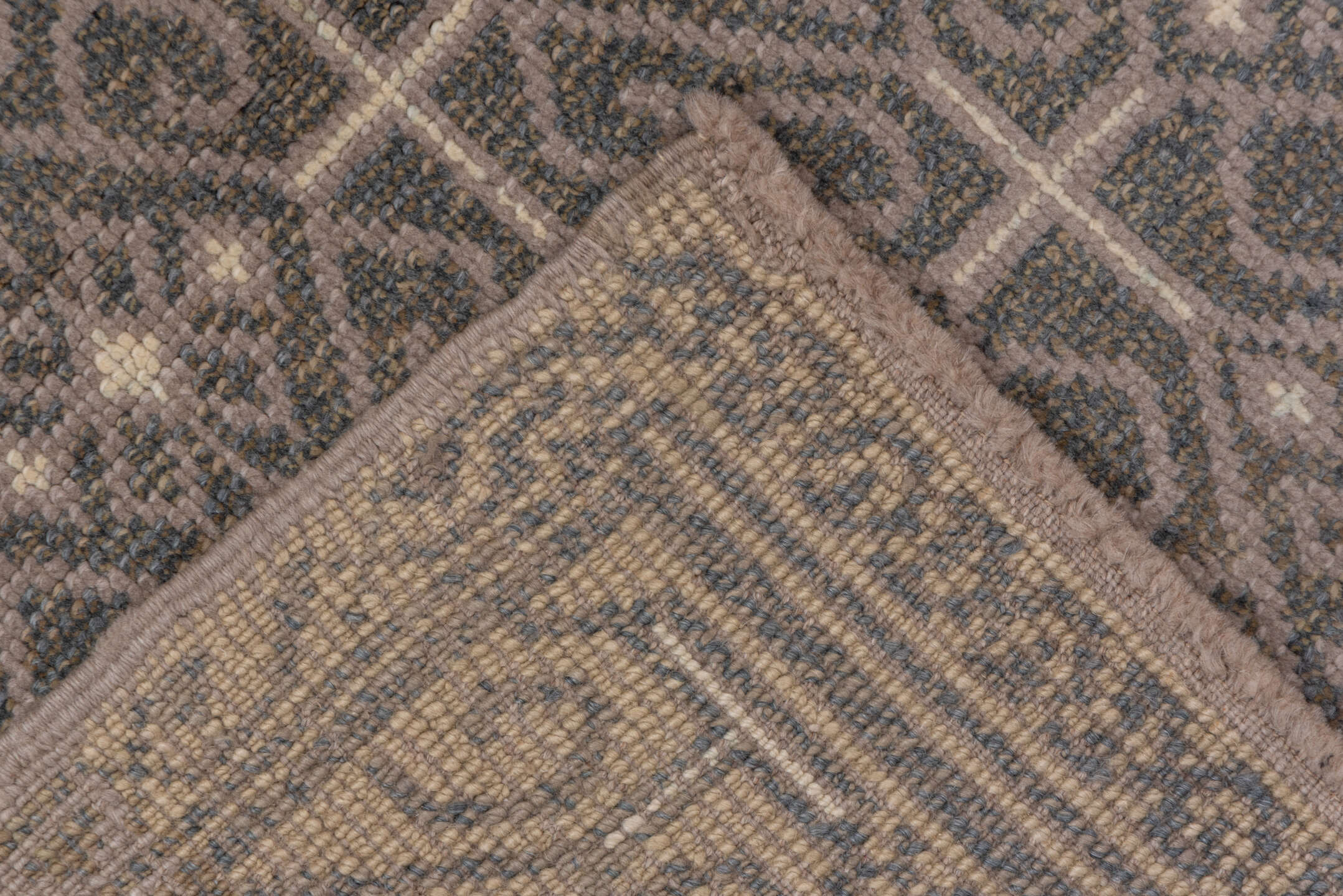 2' x 4' one-of-a-kind handmade vintage Konya small size rug. Color palette: brown, gray, light gray, off-white, pink, snow