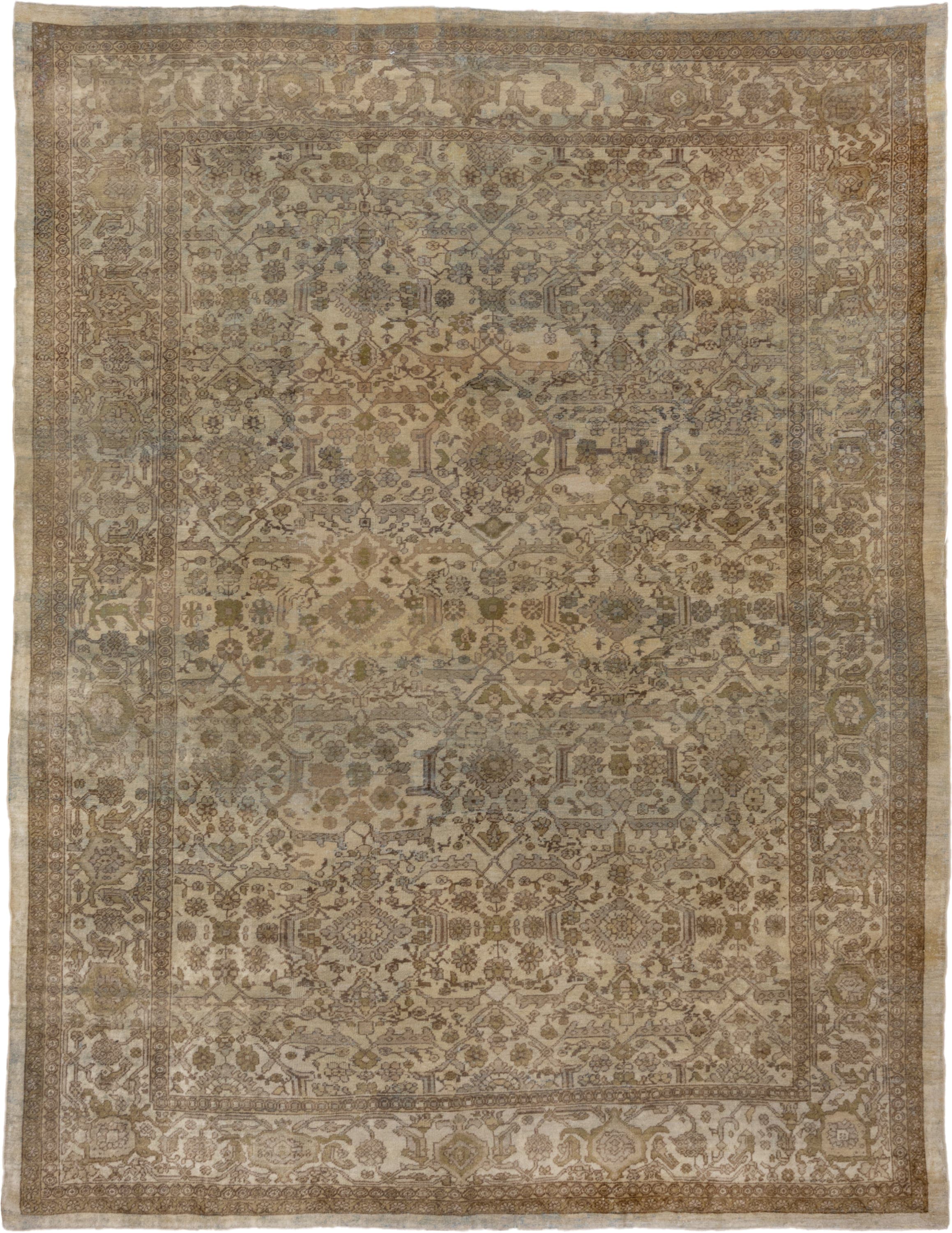 8' x 11' one-of-a-kind handmade antique Mahal large size rug. Color palette: ivory, taupe, beige, brown, sage, camel, slate