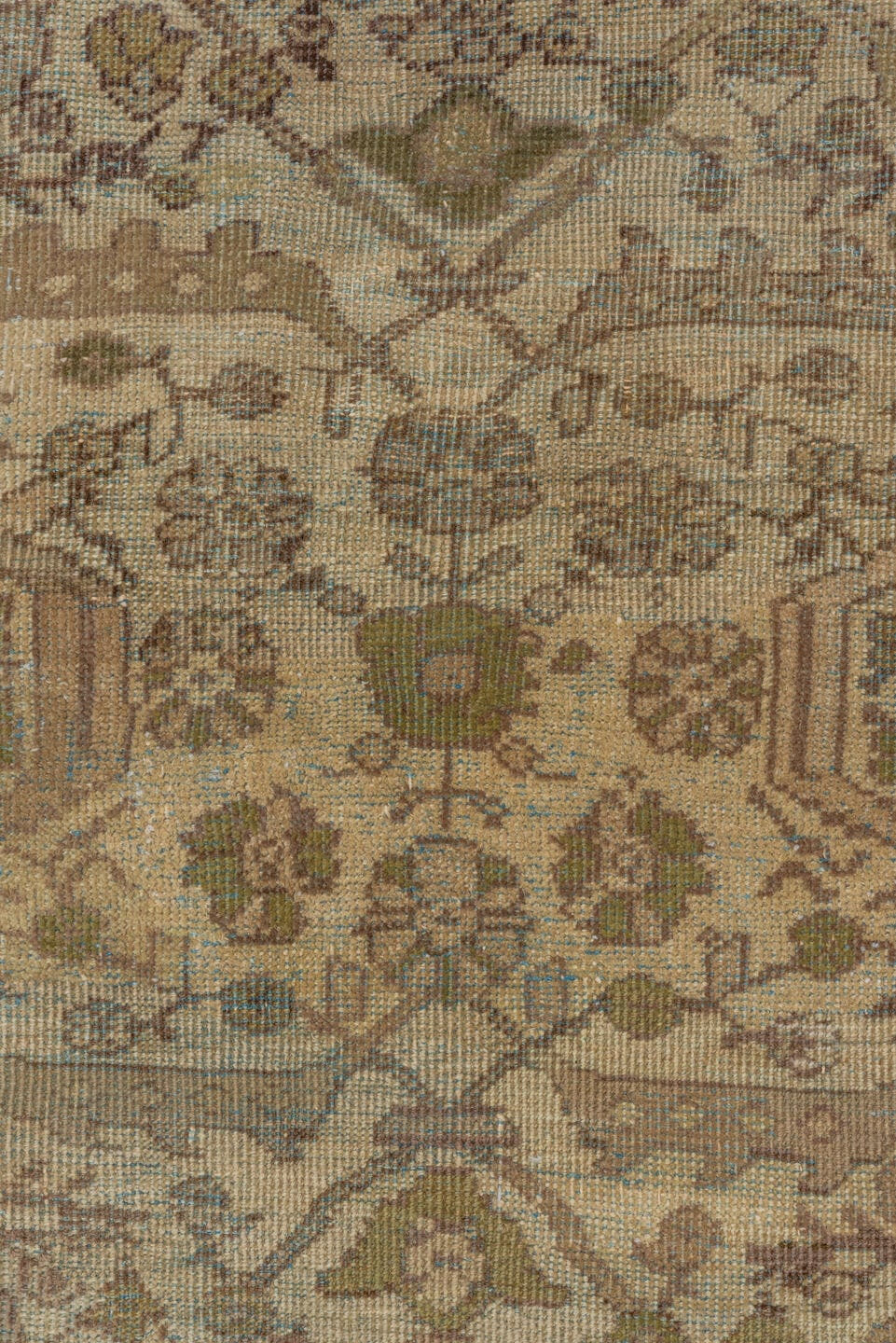 8' x 11' one-of-a-kind handmade antique Mahal large size rug. Color palette: ivory, taupe, beige, brown, sage, camel, slate