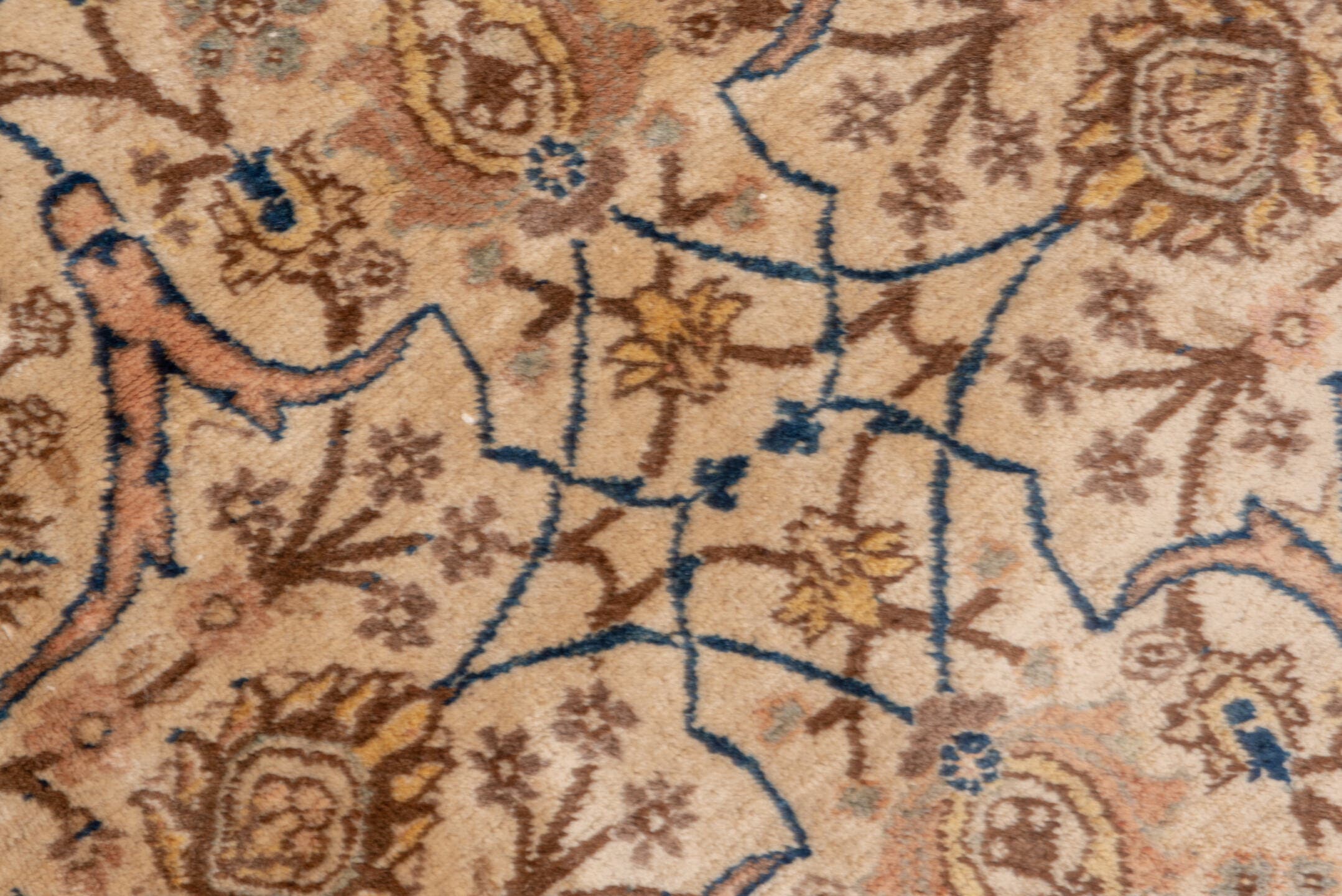 6' x 9' one-of-a-kind handmade antique Tabriz medium size rug. Color palette: ivory, camel, taupe, navy, beige, brown