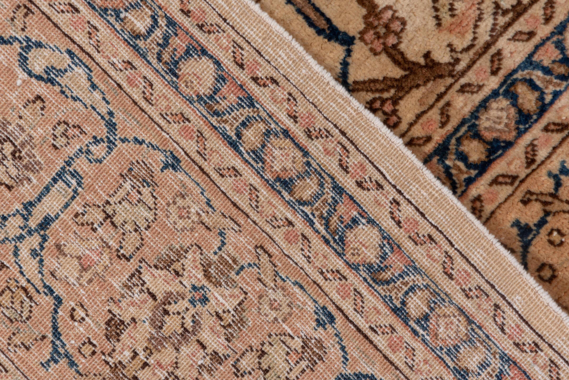 6' x 9' one-of-a-kind handmade antique Tabriz medium size rug. Color palette: ivory, camel, taupe, navy, beige, brown