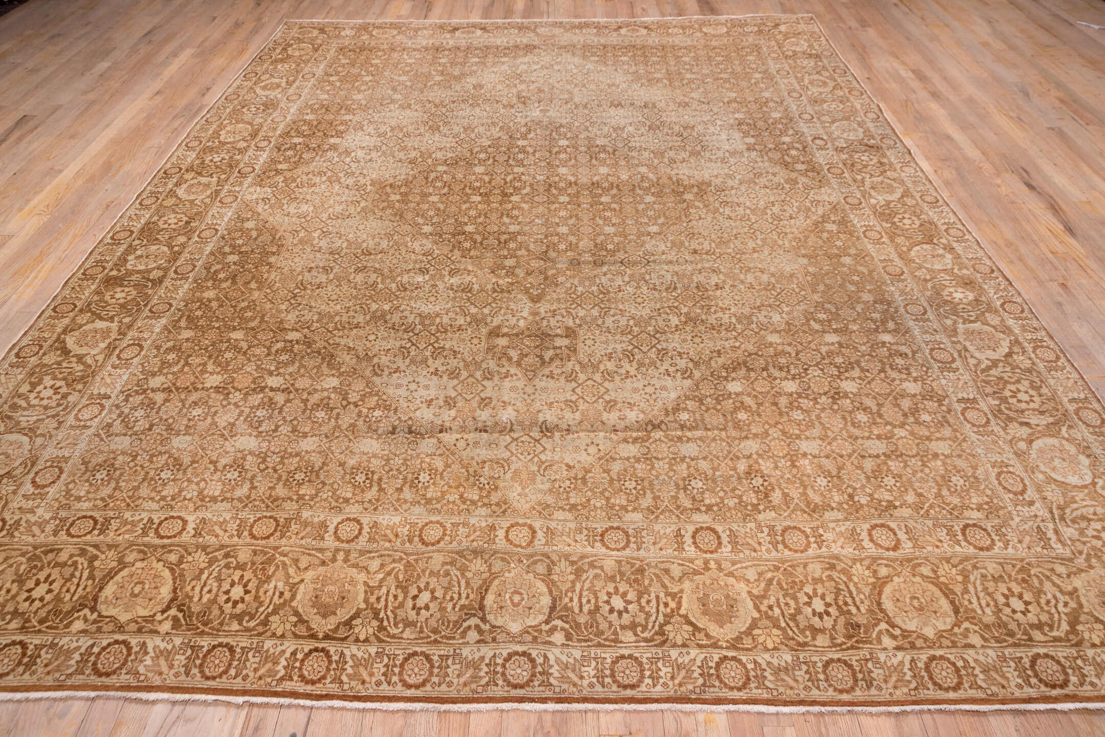 9' x 12' one-of-a-kind handmade antique Tabriz large size rug. Color palette: camel, ivory, taupe, brown, sand, beige, gray