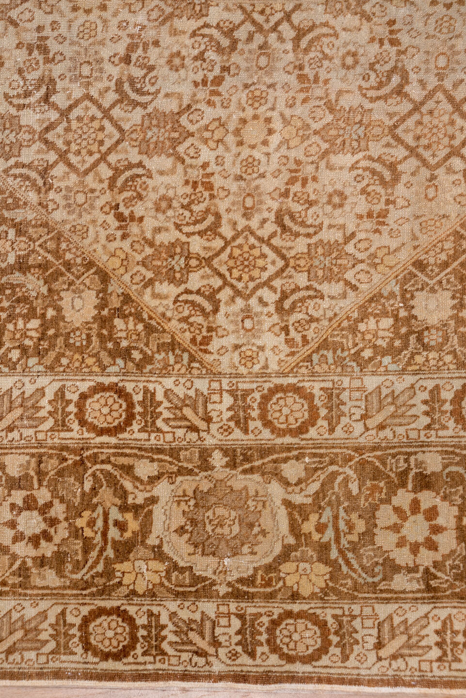 9' x 12' one-of-a-kind handmade antique Tabriz large size rug. Color palette: camel, ivory, taupe, brown, sand, beige, gray