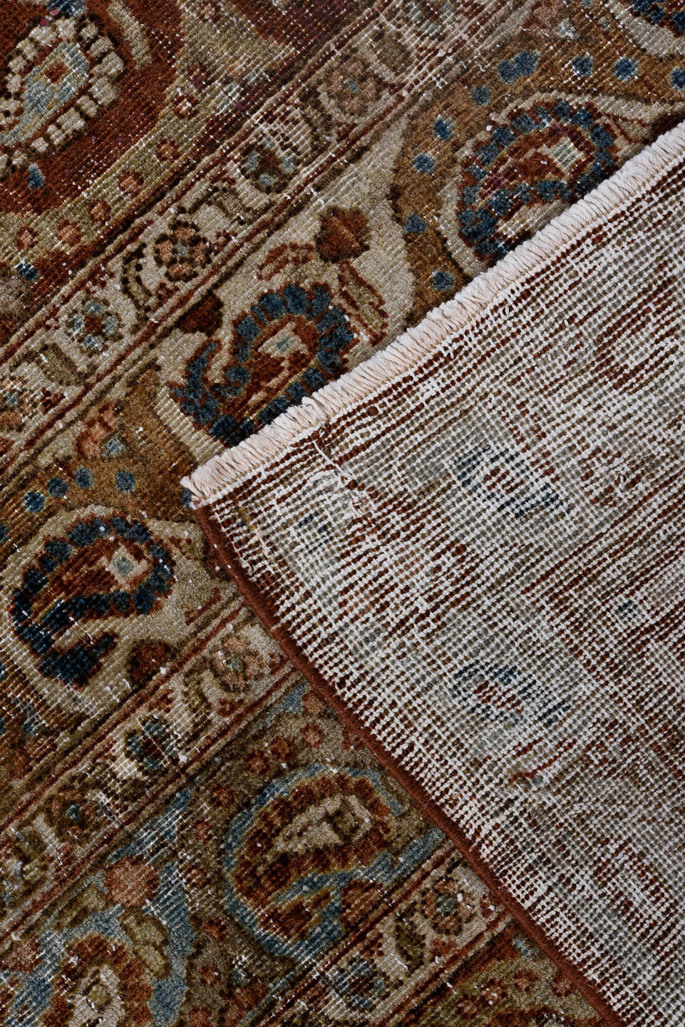 7' x 10' one-of-a-kind handmade antique Qum large size rug. Color palette: ivory, rust, camel, light blue, taupe, brown