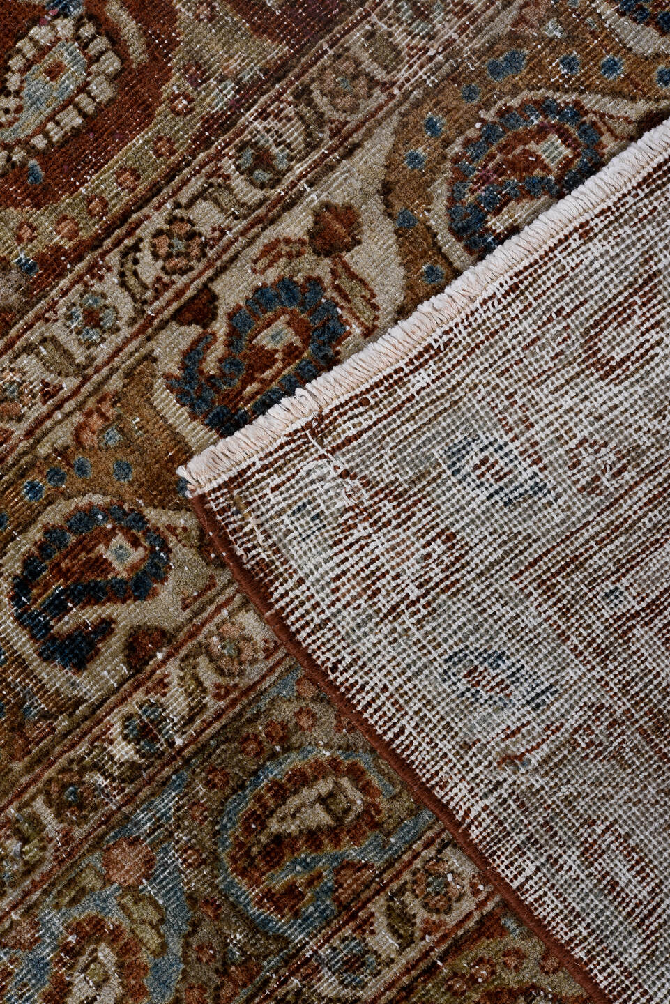 7' x 10' one-of-a-kind handmade antique Qum large size rug. Color palette: ivory, rust, camel, light blue, taupe, brown