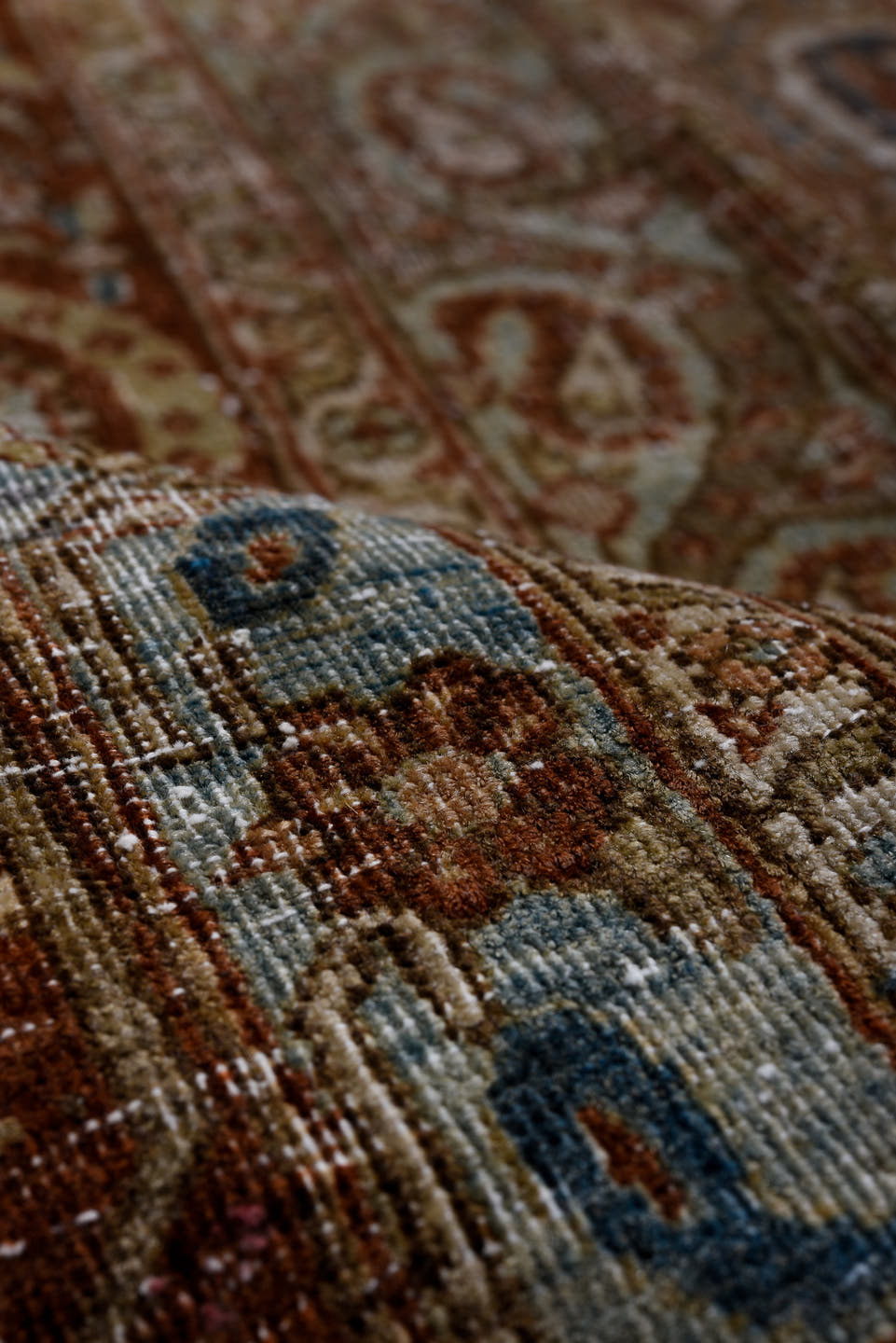 7' x 10' one-of-a-kind handmade antique Qum large size rug. Color palette: ivory, rust, camel, light blue, taupe, brown