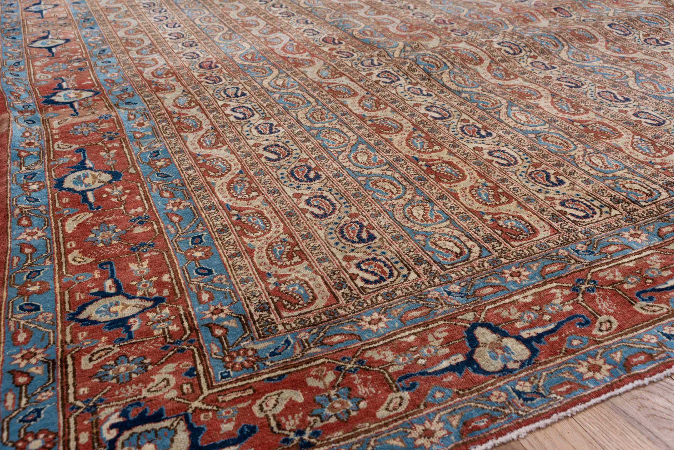 7' x 10' one-of-a-kind handmade antique Qum large size rug. Color palette: ivory, rust, camel, light blue, taupe, brown