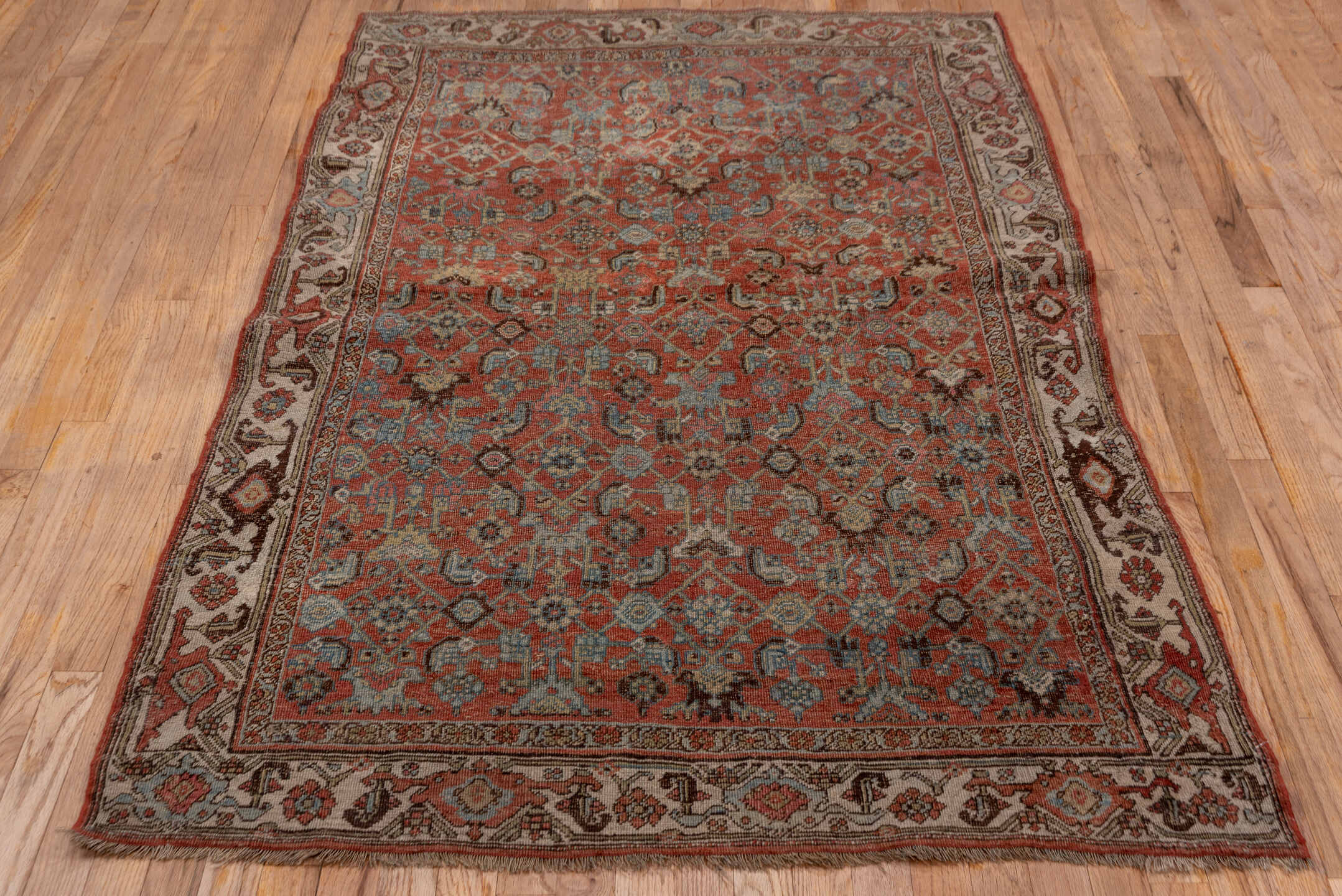 4' x 6' one-of-a-kind handmade antique Kurd small size rug. Color palette: rust, ivory, slate, taupe, charcoal, rose, brown