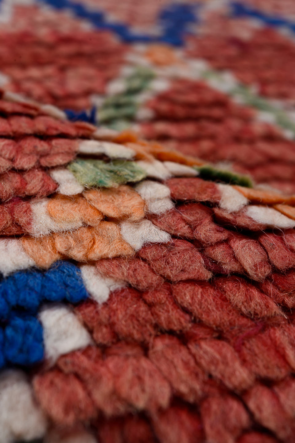 4' x 11' one-of-a-kind handmade antique Moroccan runner rug. Color palette: red, ivory, blue, coral, green, rose, terracotta