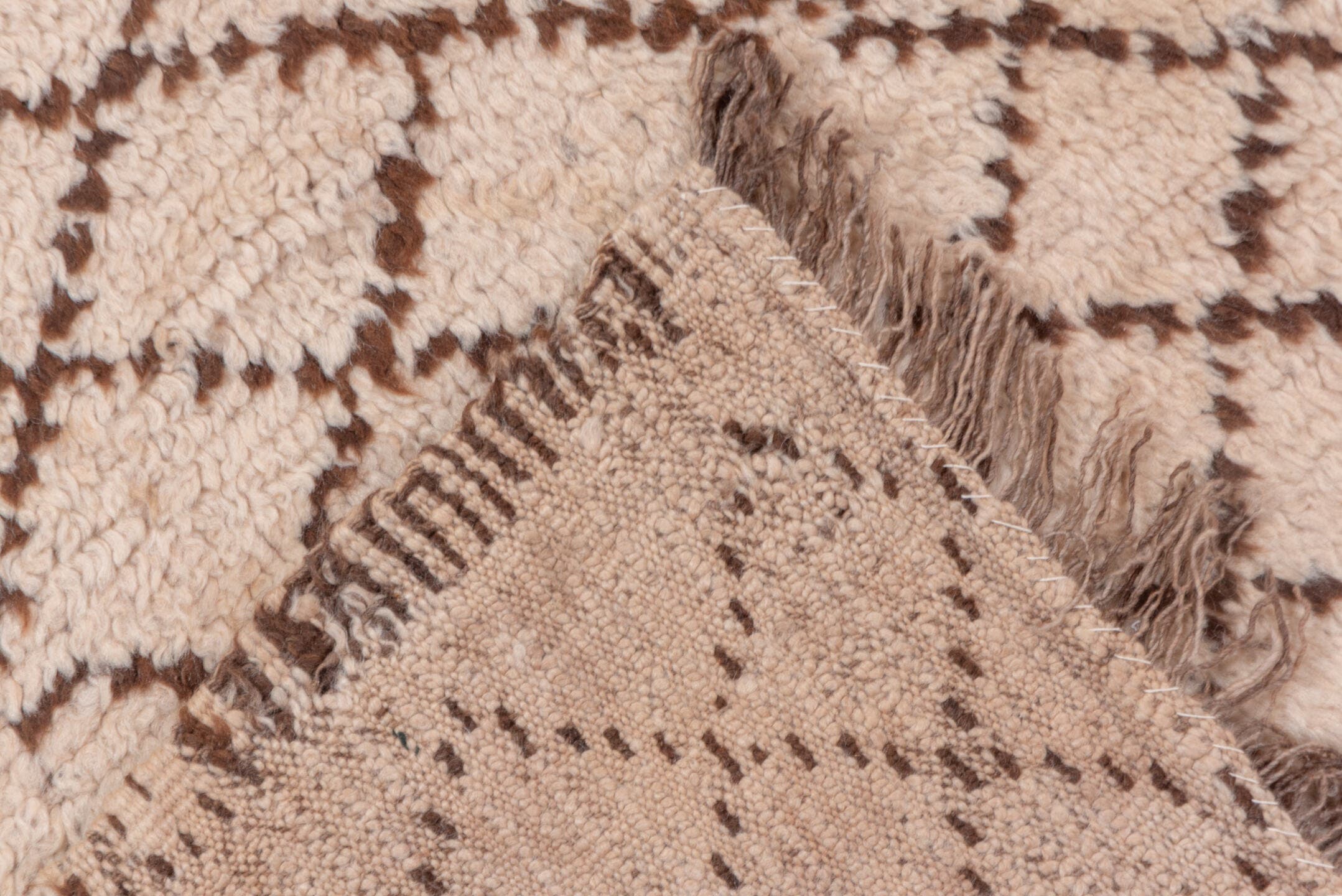 4' x 12' one-of-a-kind handmade vintage Moroccan runner rug. Color palette: ivory, brown, taupe, sky_blue, coral, beige